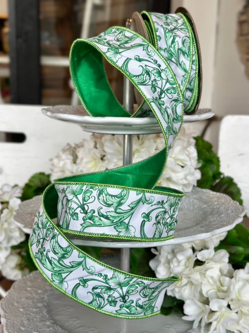 1.5" wide, taffeta acanthus scroll chinoiserie, green white