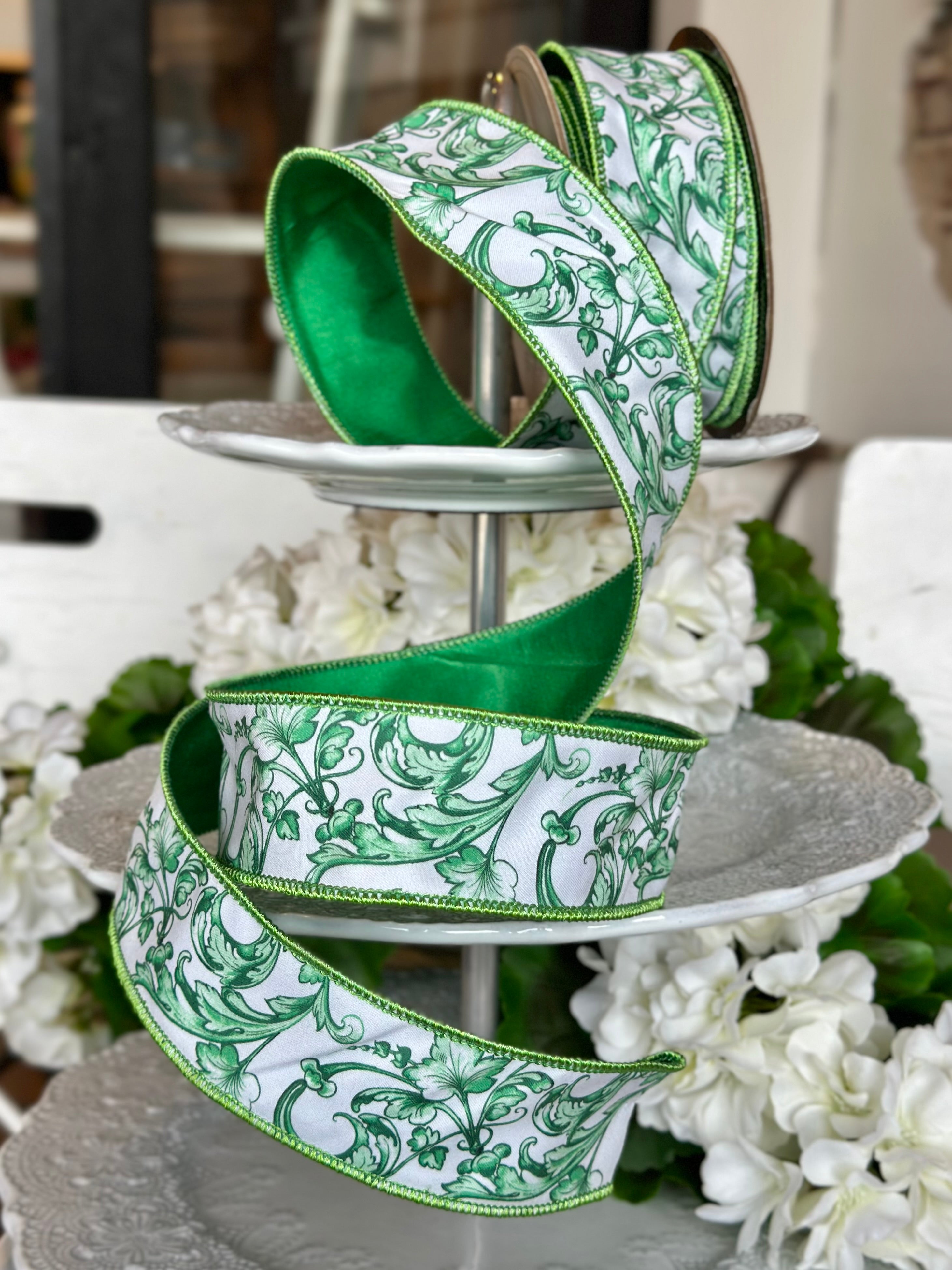 1.5" wide, taffeta acanthus scroll chinoiserie, green white