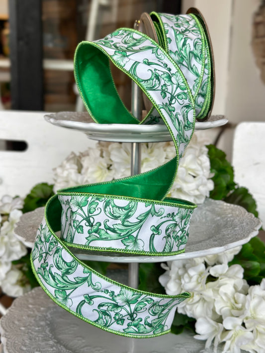 1.5" wide, taffeta acanthus scroll chinoiserie, green white