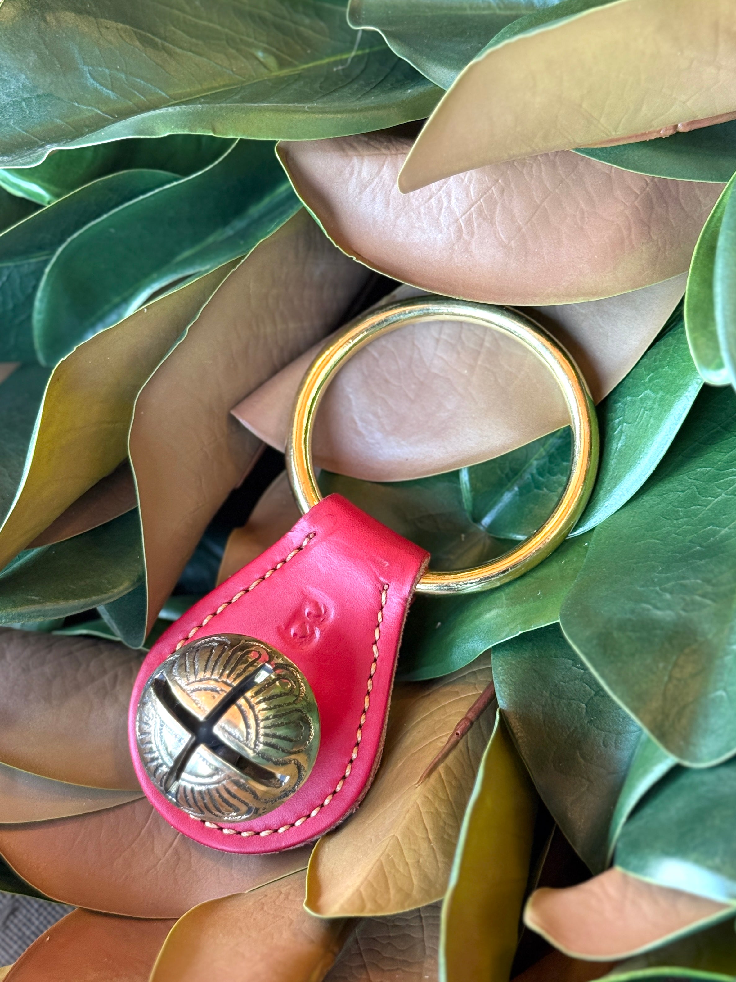 Belsnickel - Single Solid Brass “Tear Drop” Bell w/ Ring - Red Leather