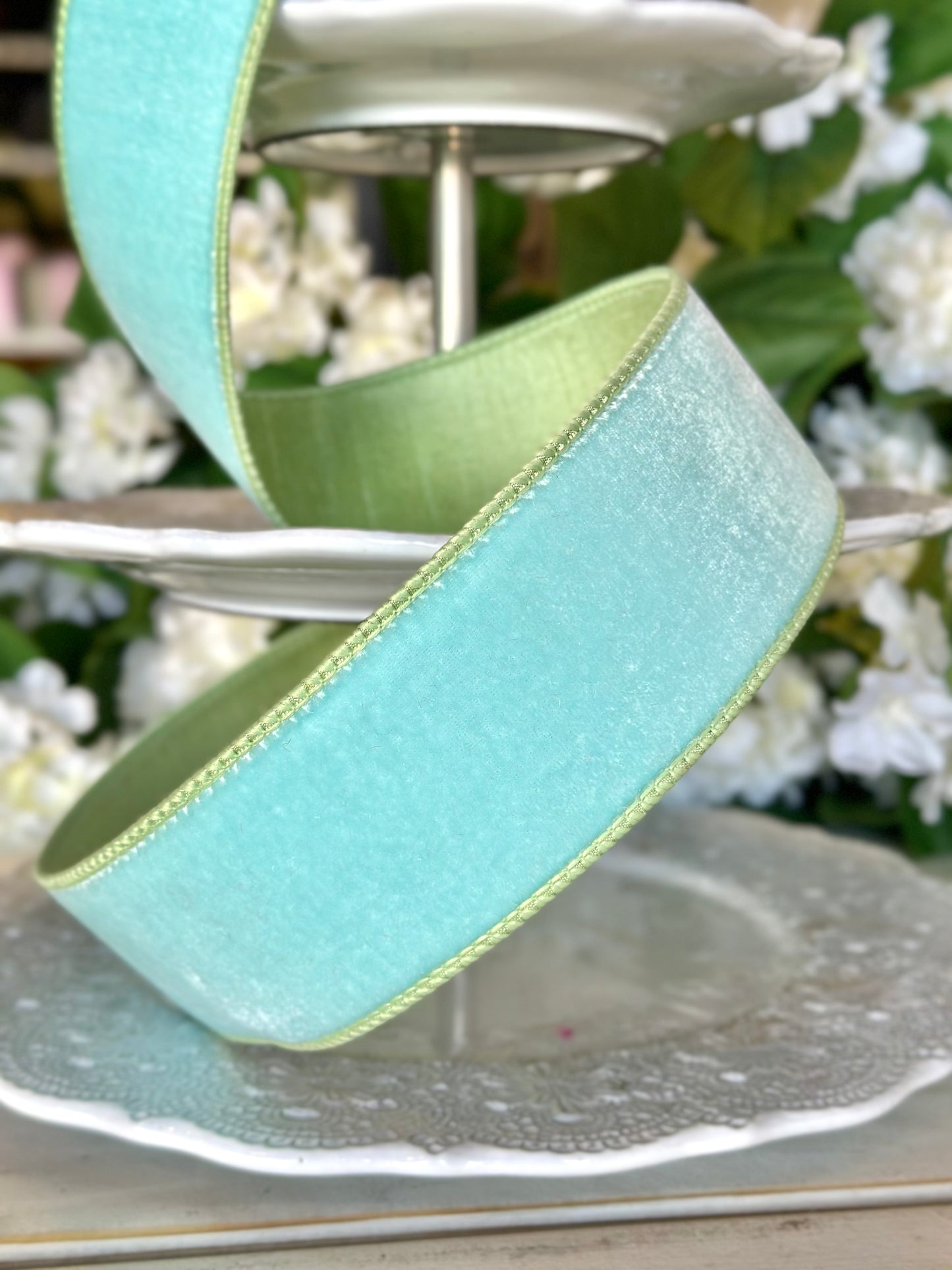 2.5" velvet mint dupion backing, ocean blue