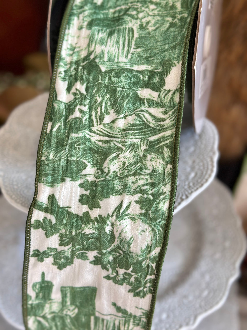 4"X10Y VELVET TOILE RIBBON- GREEN WHITE