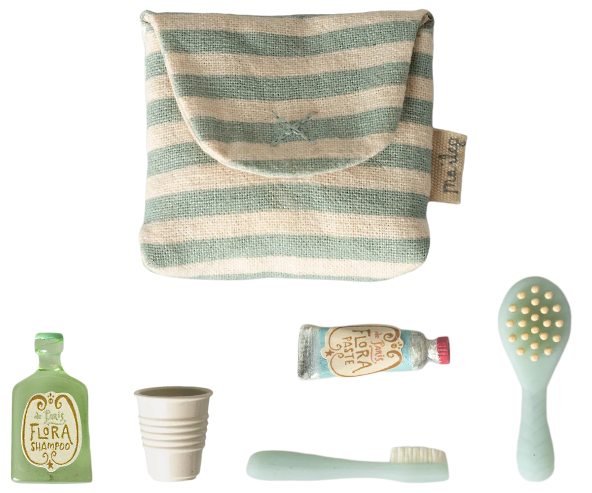Maileg - Toothbrush Set in Bag, Mouse - Blue Stripe