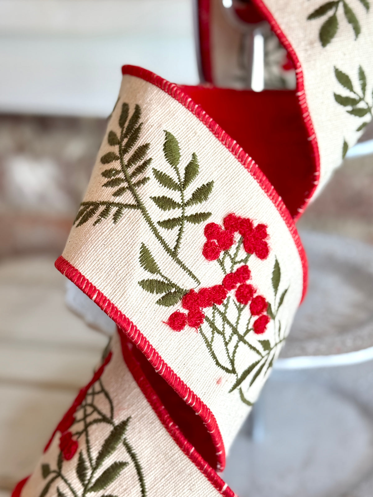 4" Berry Stem Wired Ribbon -SOLD BY THE YARD