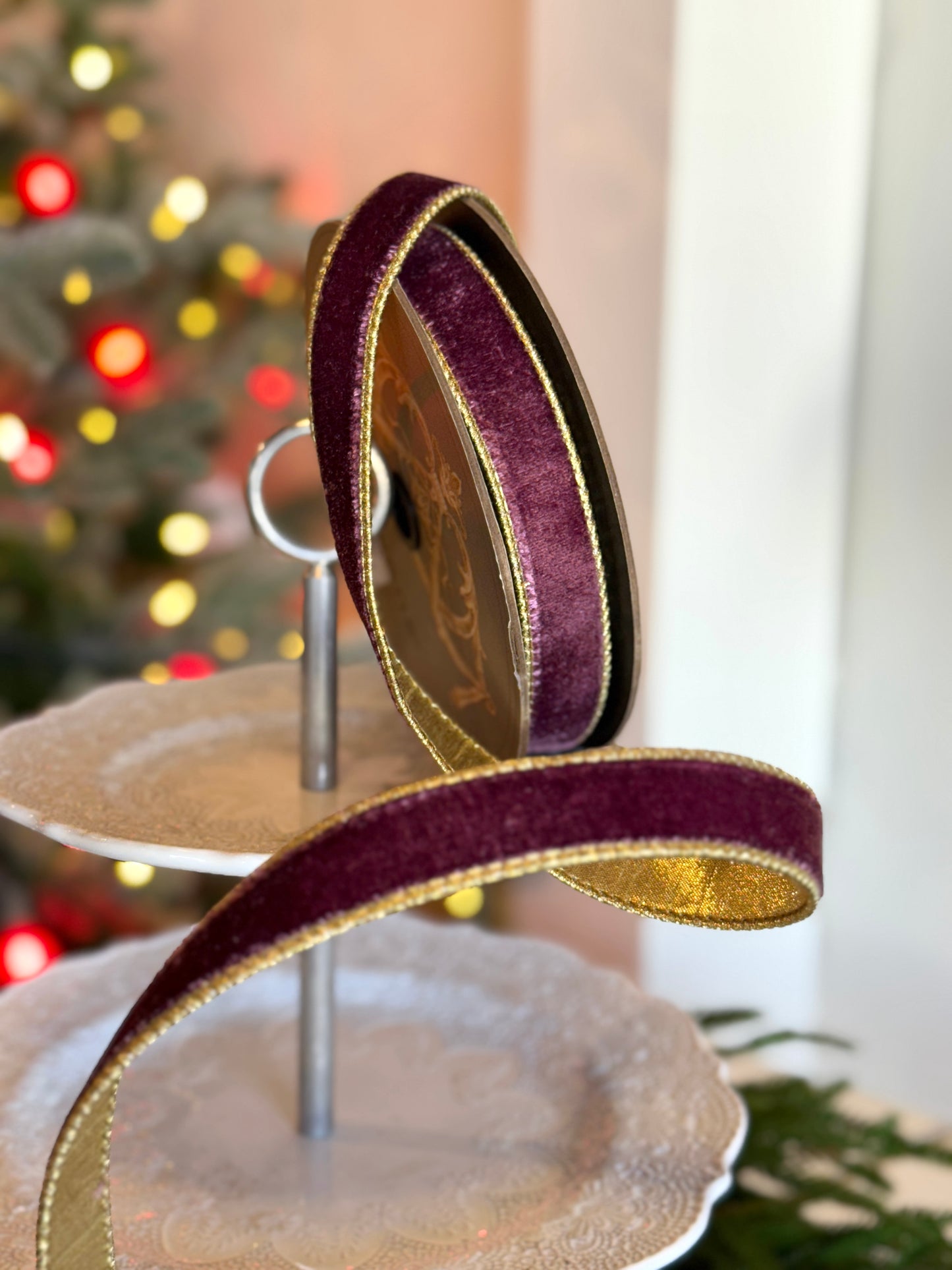 1" wide, lush velvet ribbon - metallic gold back, boysenberry