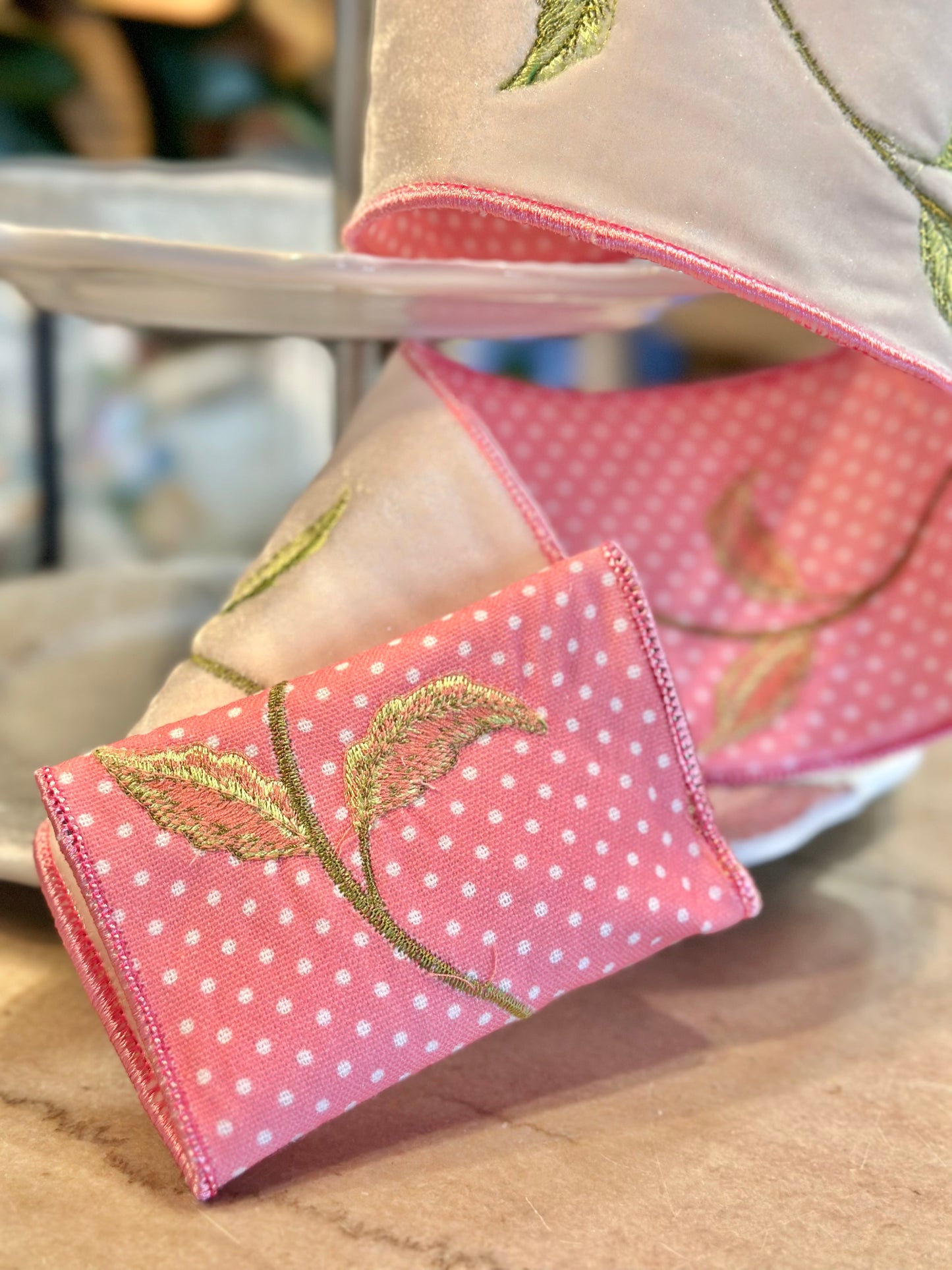 4" Wide, velvet foliage pink polka dot backing, white 5 yard roll