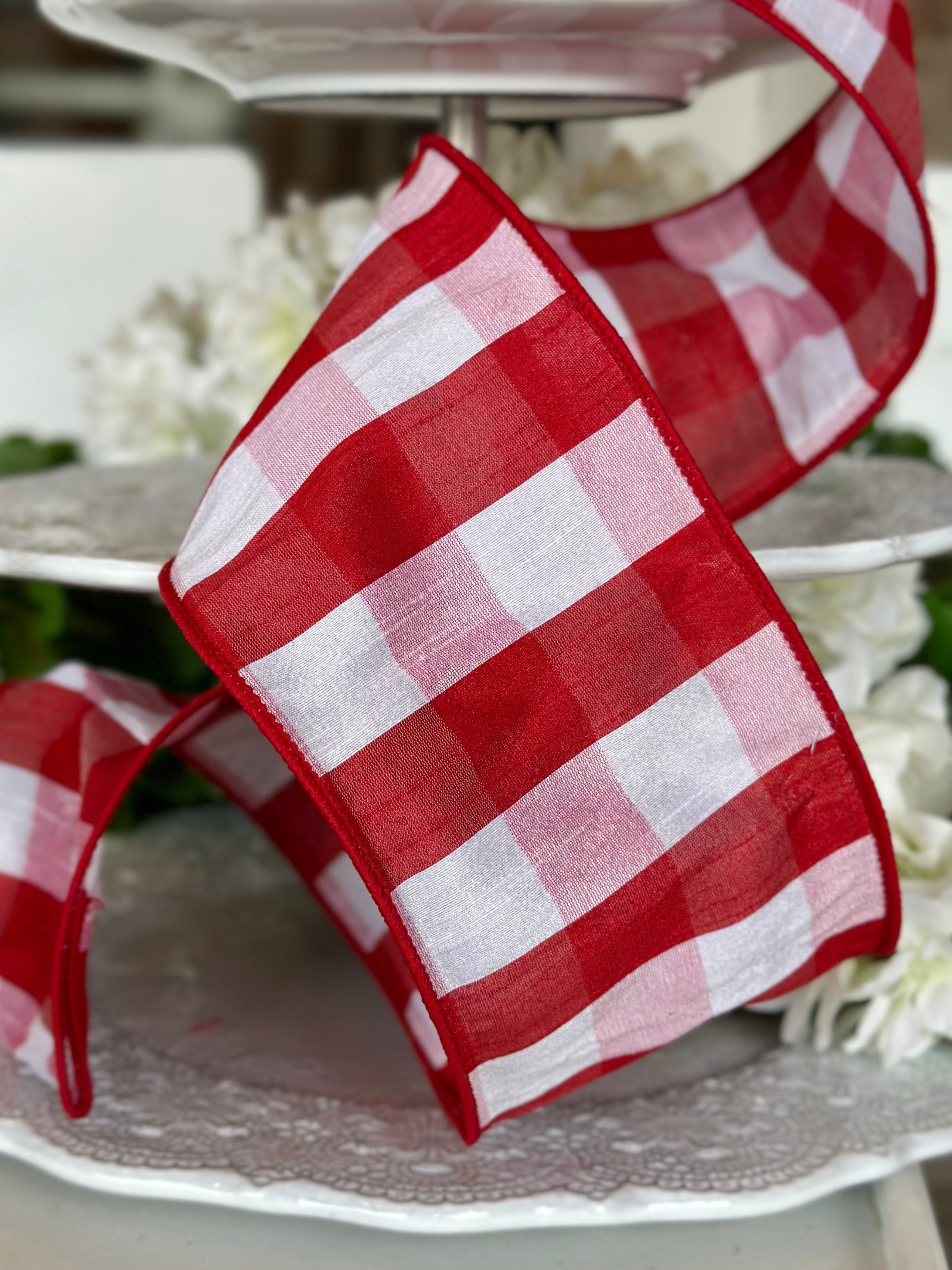 4" wide, faux dupion check, red-white