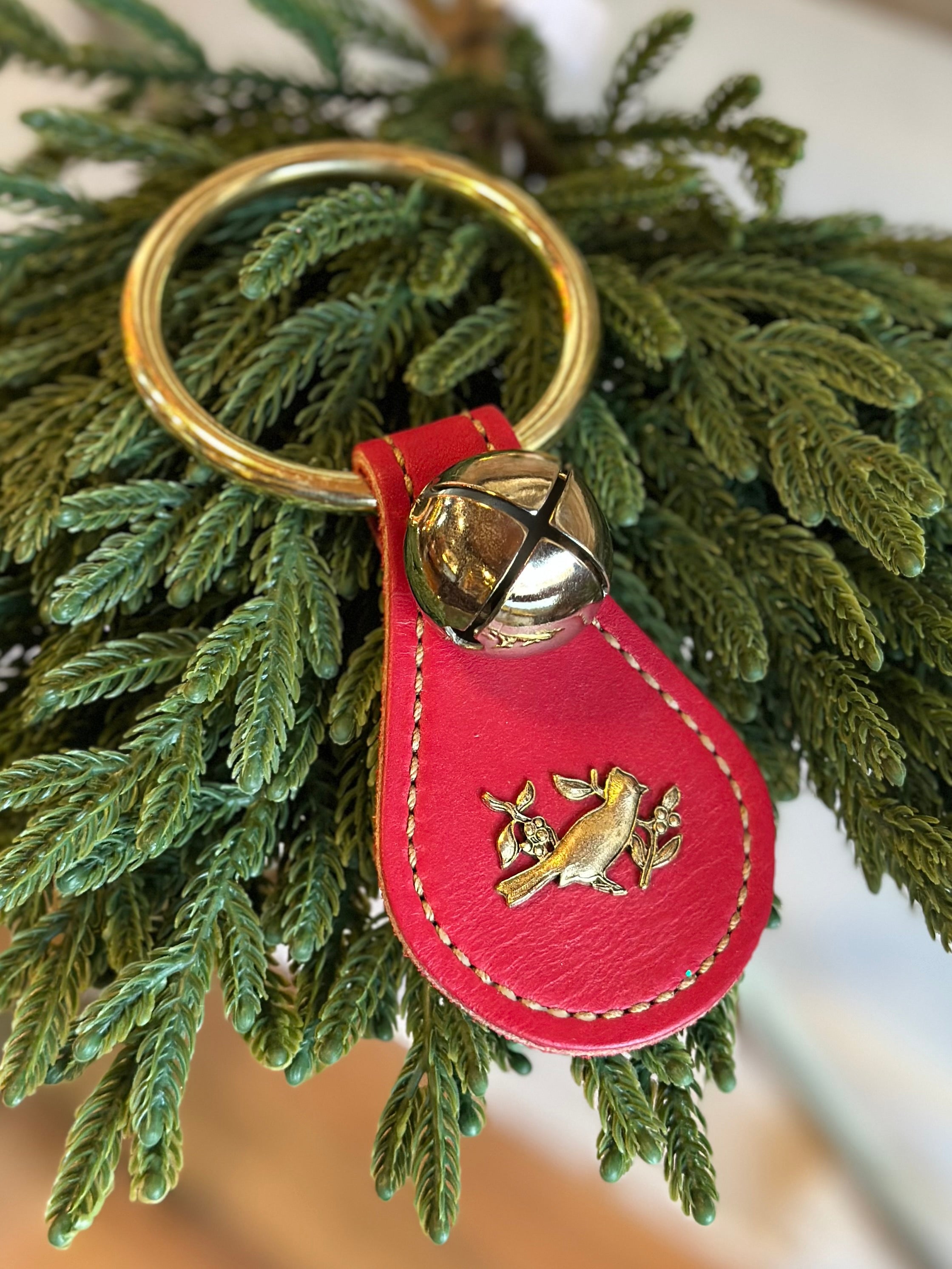 Cardinal with Single Brass Bell on Ring- Red Leather
