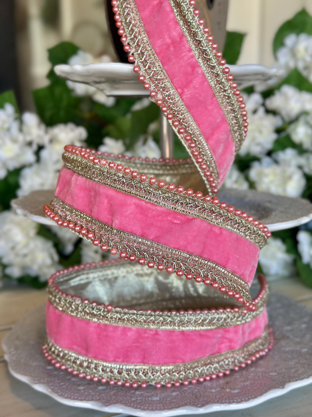 2.5" Wide, velvet pink pearl side trim, pink lemonade