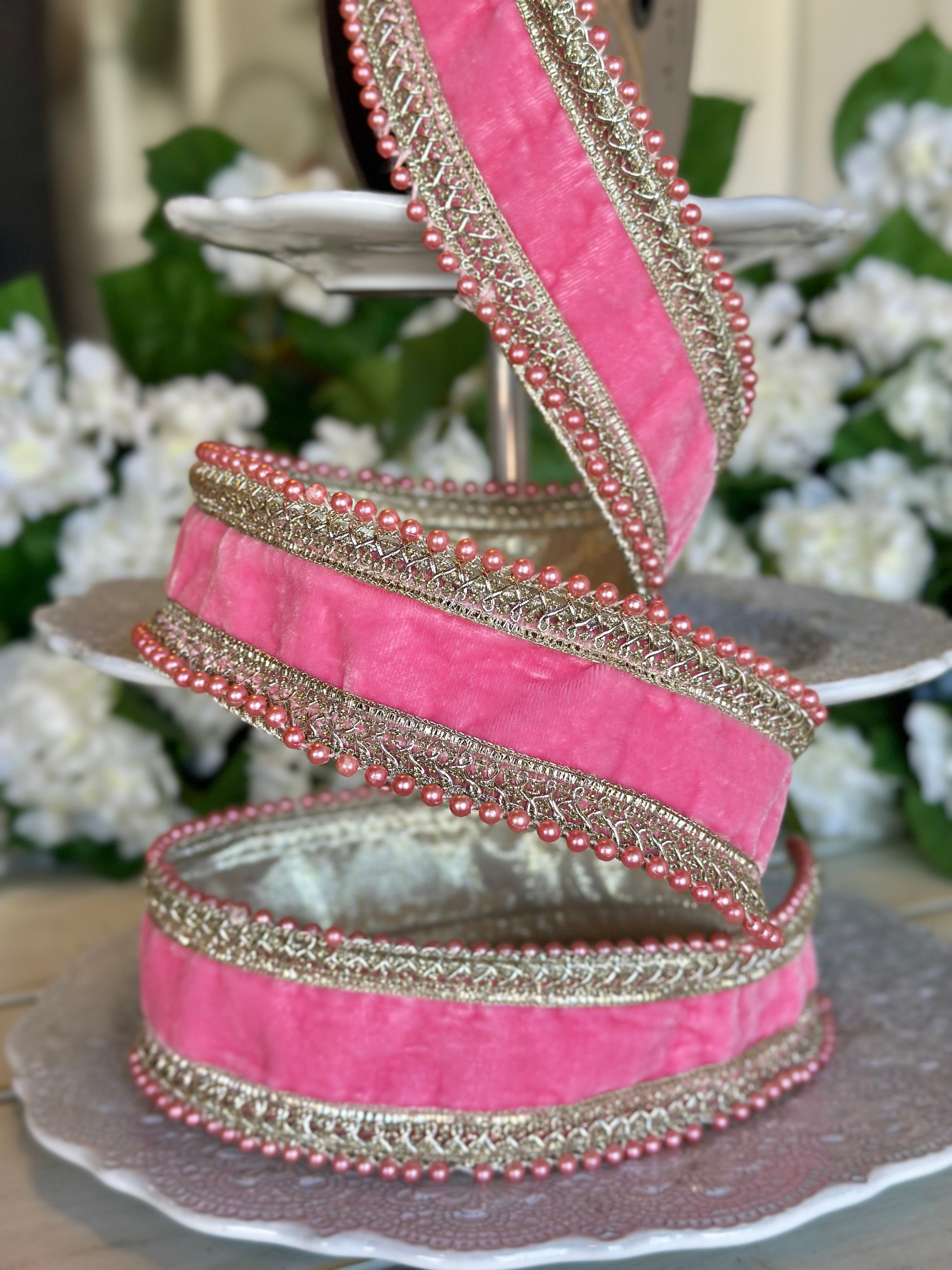 2.5" Wide, velvet pink pearl side trim, pink lemonade