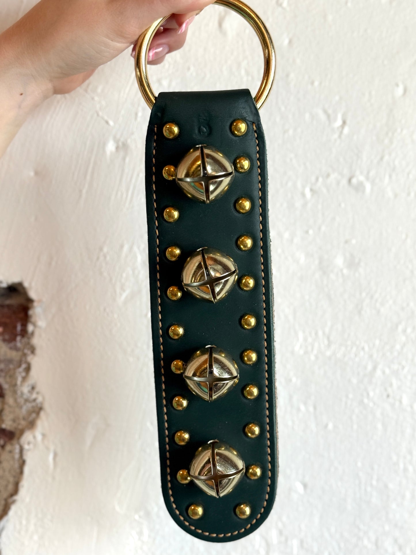 Belsnickel - 12” Studded Doorchime w/ Brass-Plated Bells, Dark Green Leather