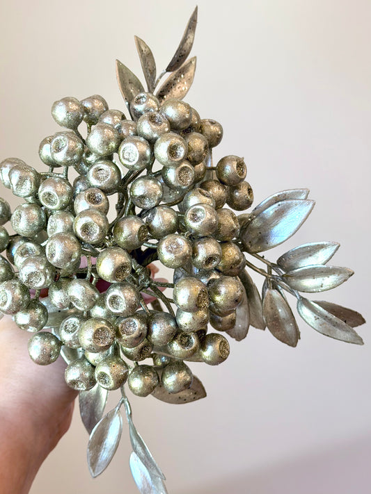 12" PLATINUM METALLIC GLITTER BERRY CLUSTER STEM