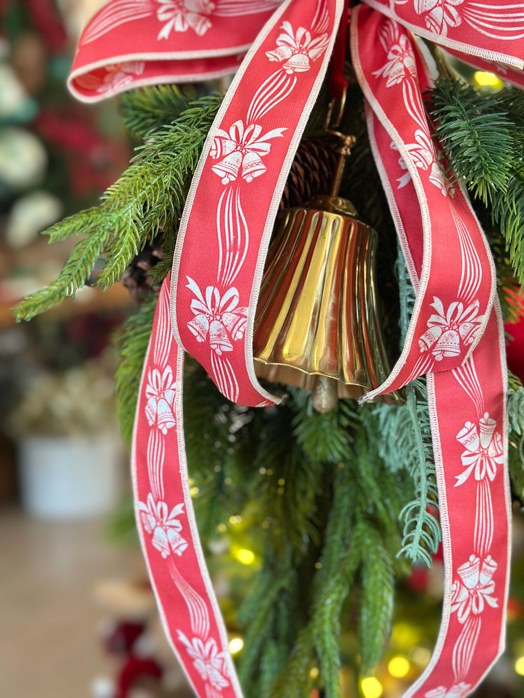 Vintage Red Bell and Bows Ribbon Swag