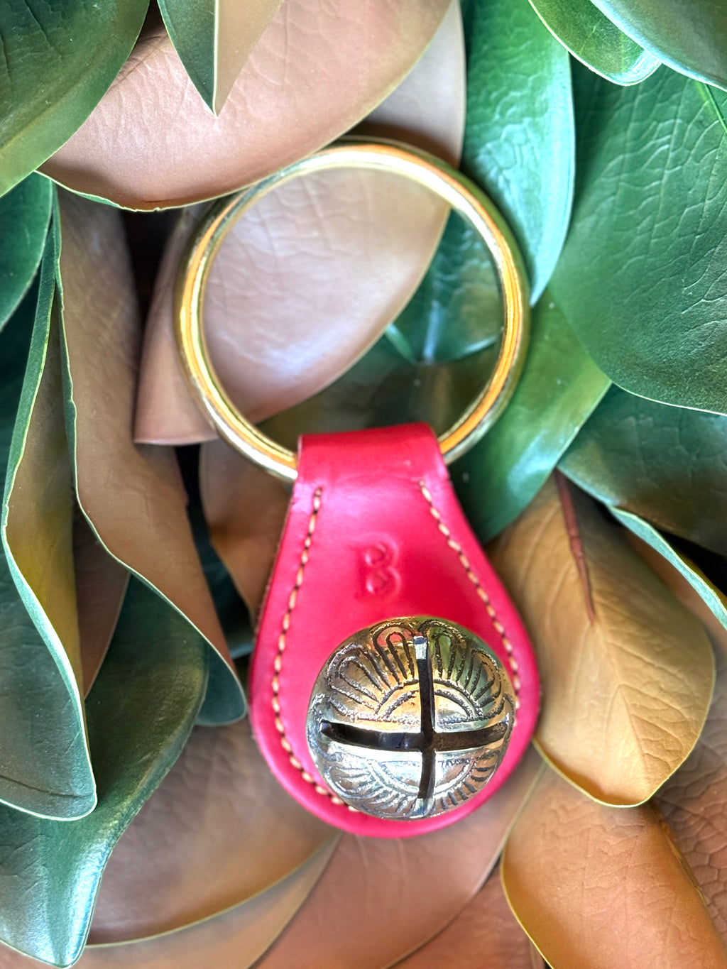 Belsnickel - Single Solid Brass “Tear Drop” Bell w/ Ring - Red Leather
