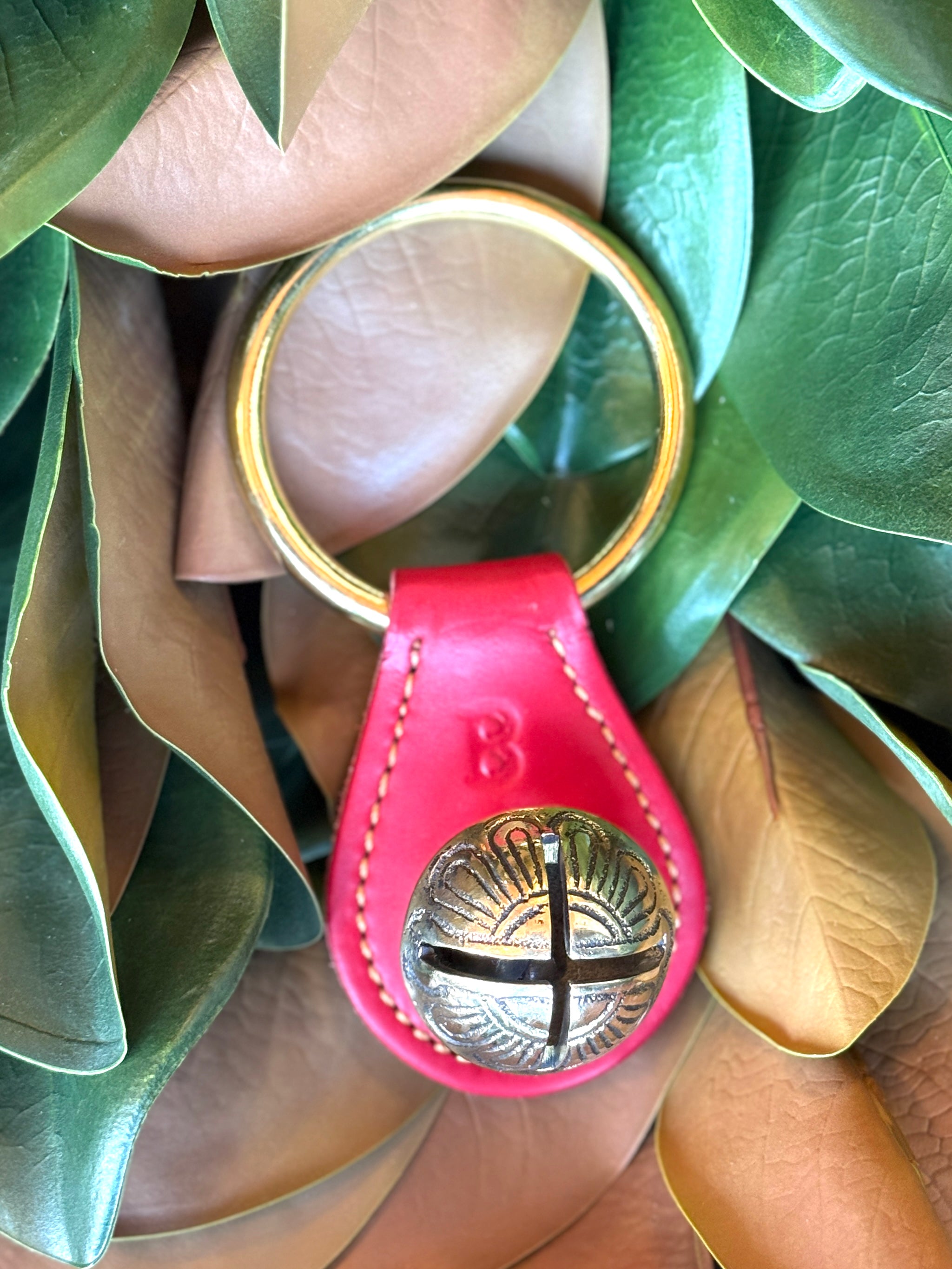 Belsnickel - Single Solid Brass “Tear Drop” Bell w/ Ring - Red Leather