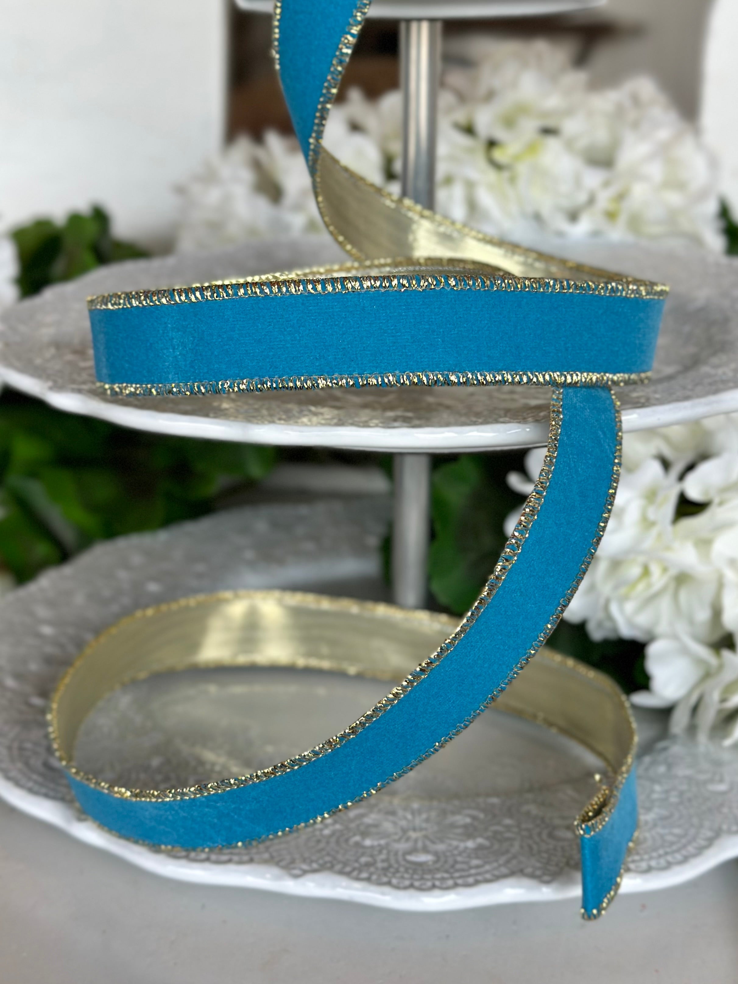 1" wide, velvet metallic gold back, pacific blue