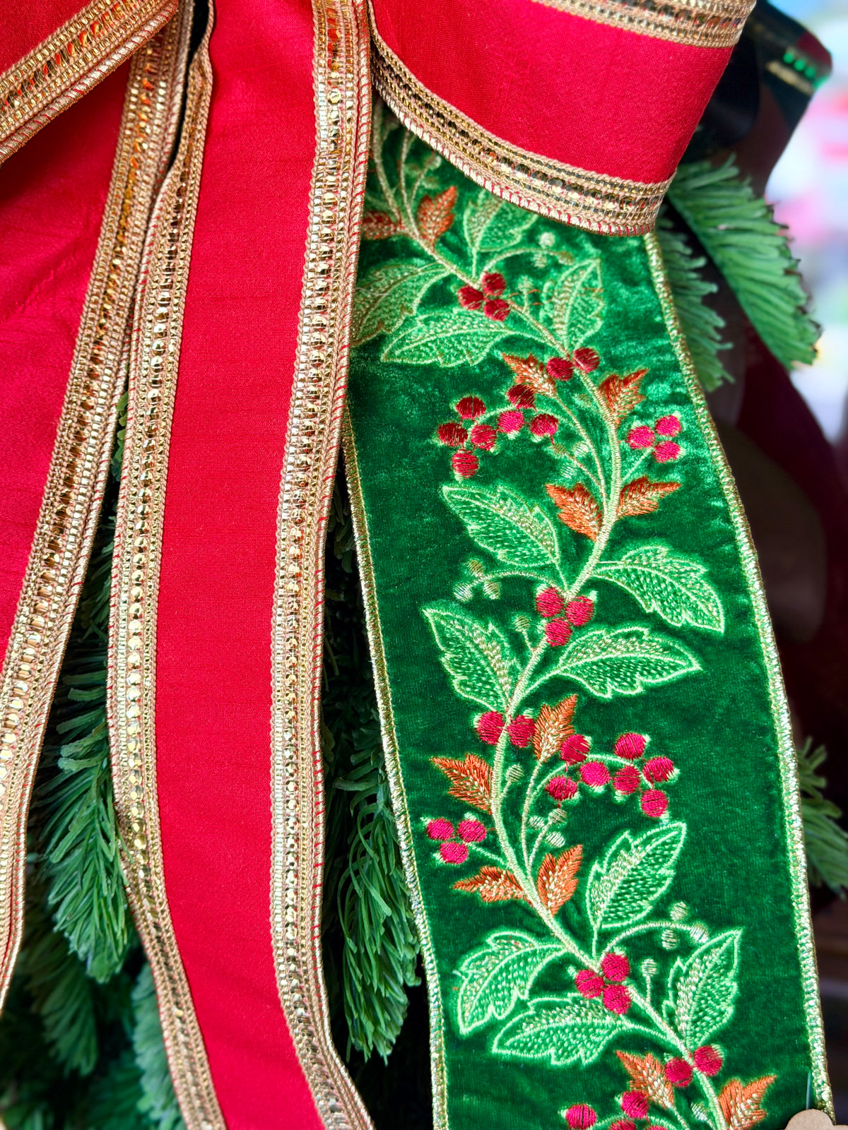 Holly Embroidered Bow & Swag