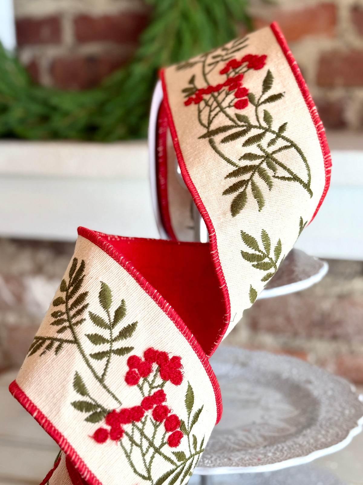 4" Berry Stem Wired Ribbon -SOLD BY THE YARD