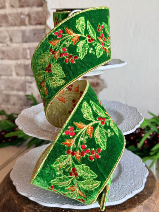 4” Green Velvet and Holly Ribbon