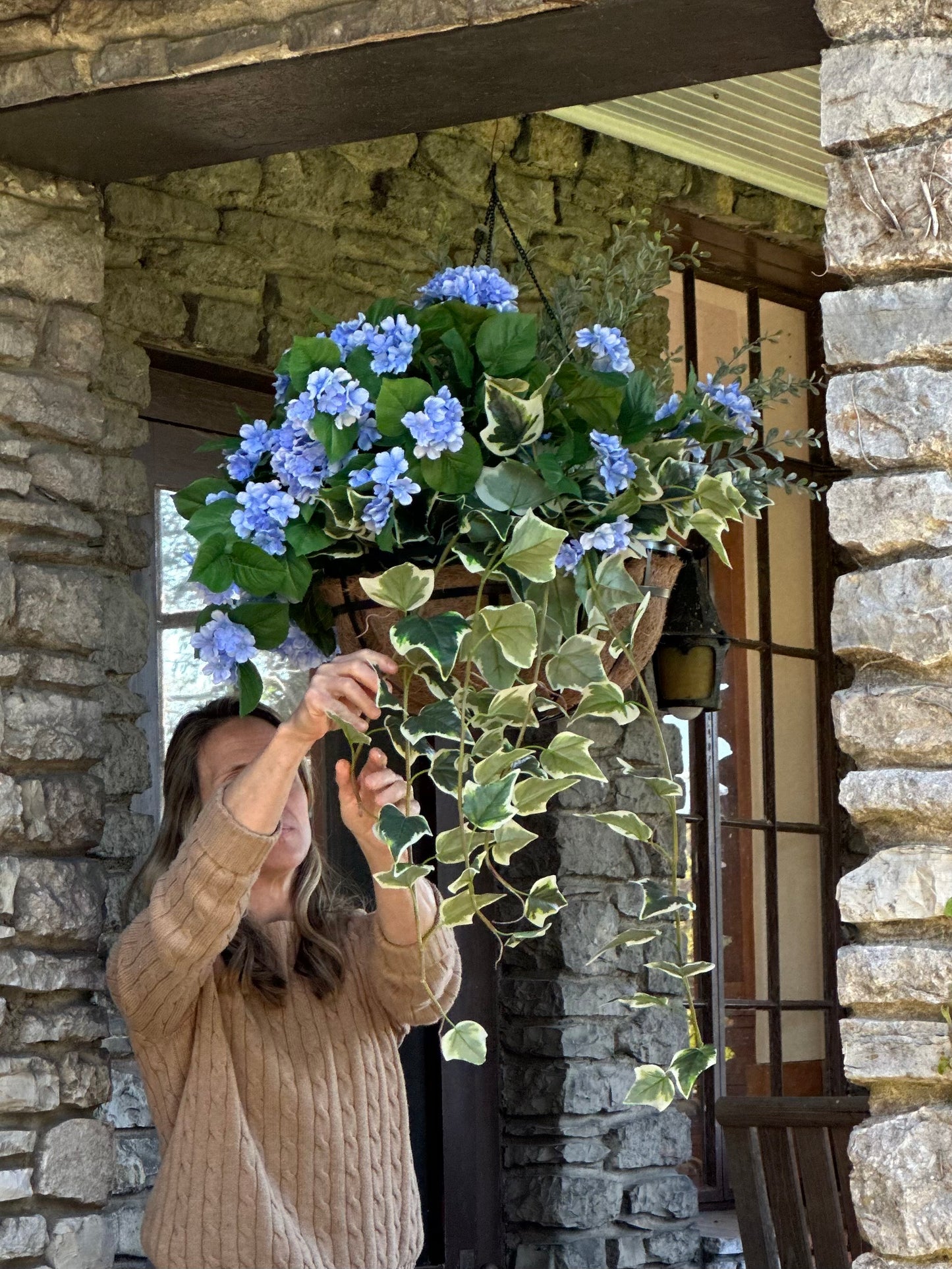 Blue Mini Hydrangea Blooms Hanging Basket