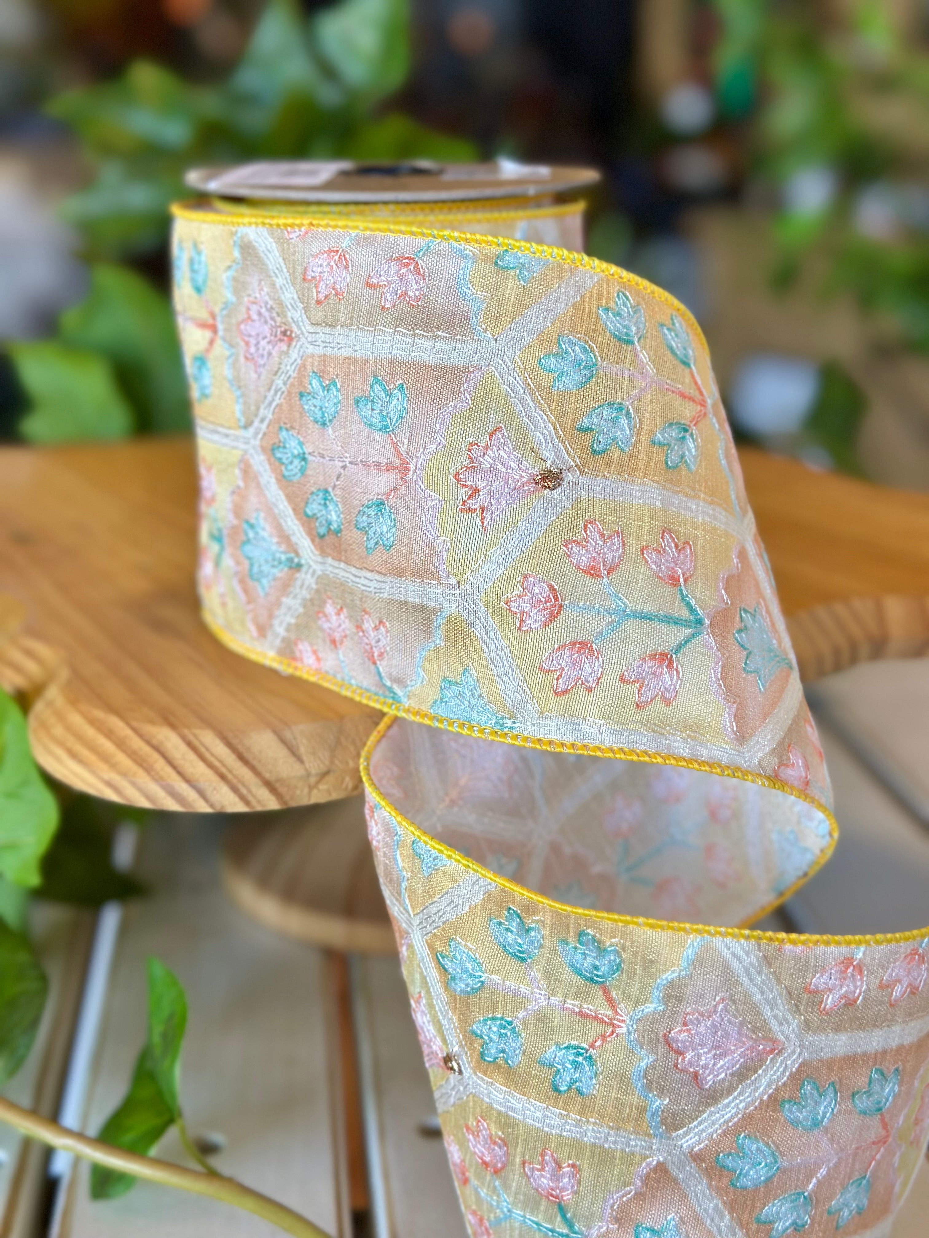 4" dupion boho botanical, yellow teal orange