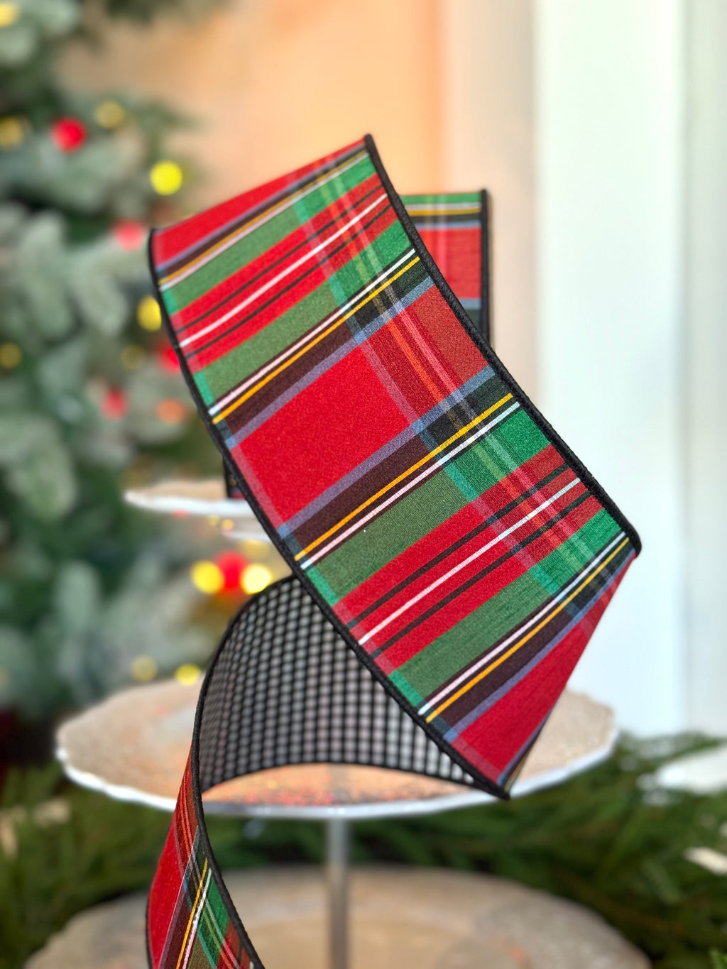 4" Faux Dupion Traditional Plaid, Black-White Small Check Back, Red-Green