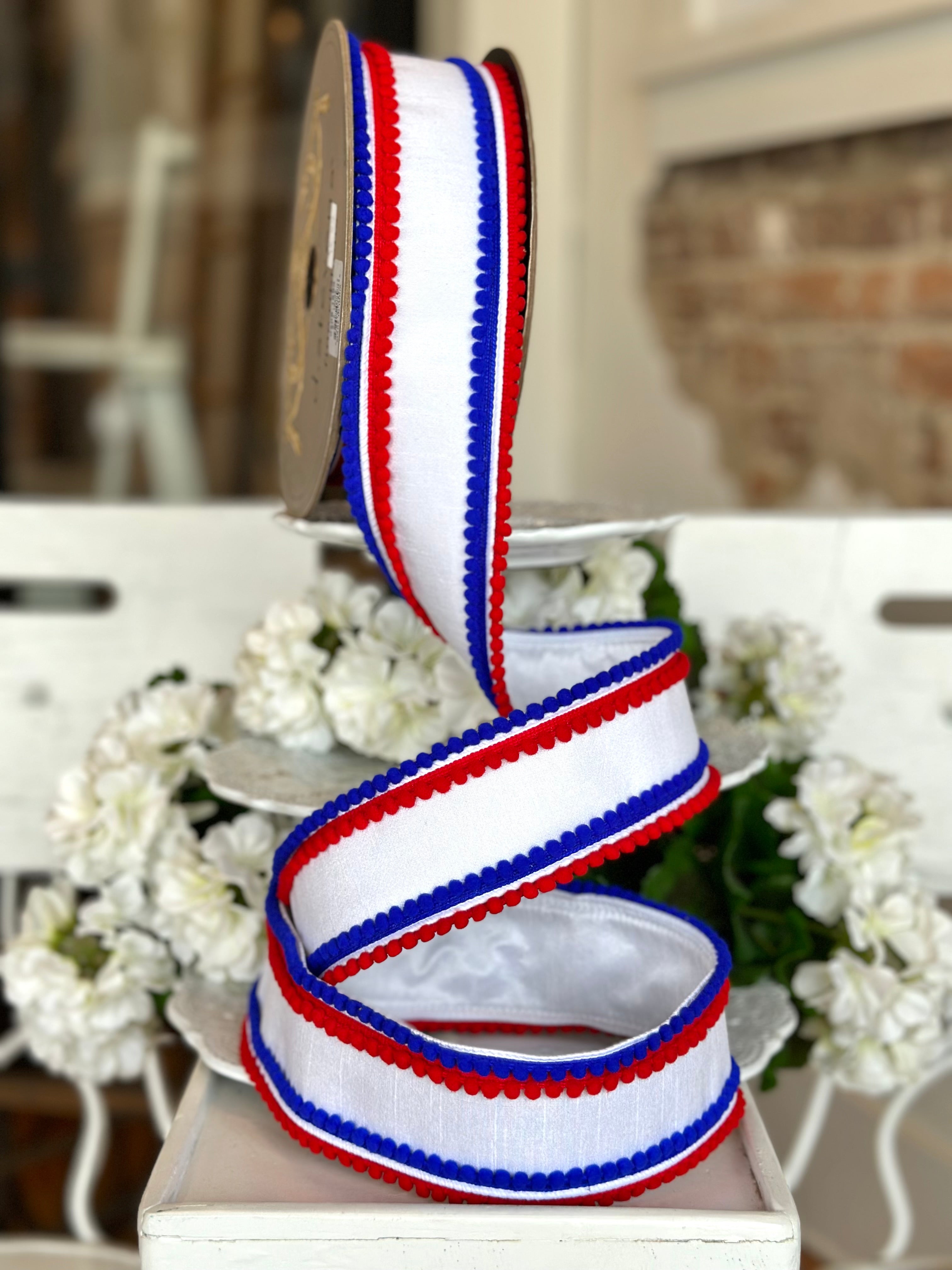 3" wide, dupion red royal blue pom pom trim, white