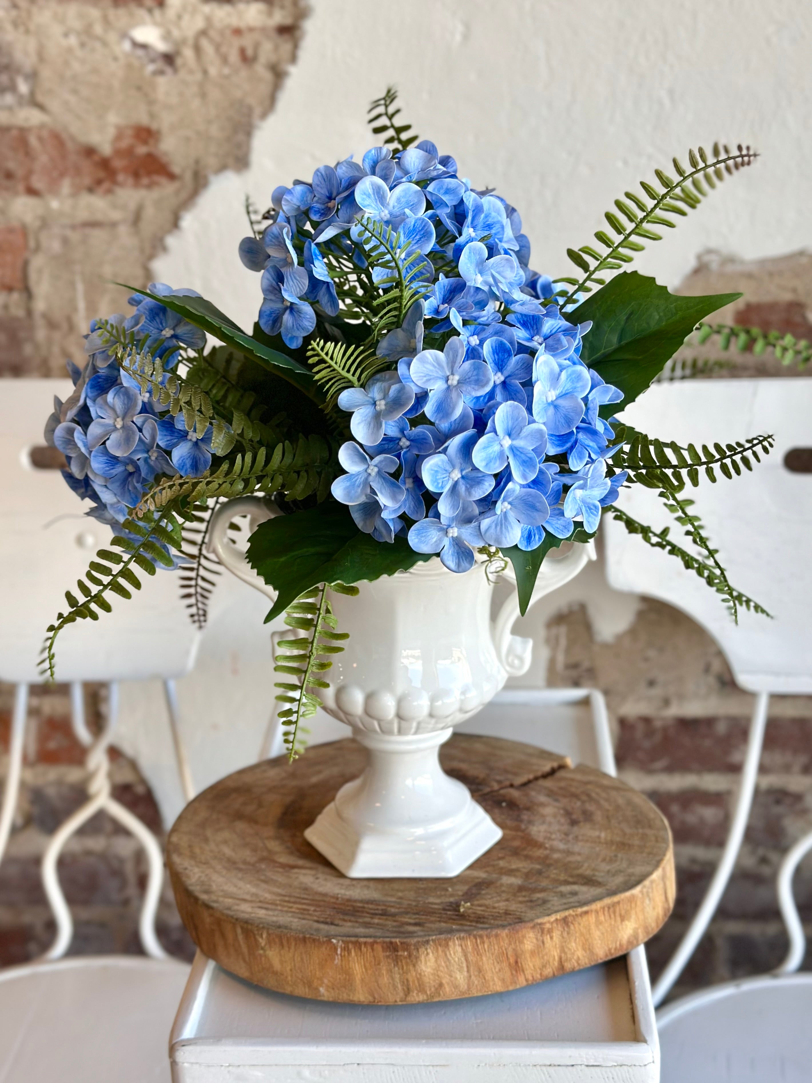 Blue Hydrangea Fern in White Handled Vase