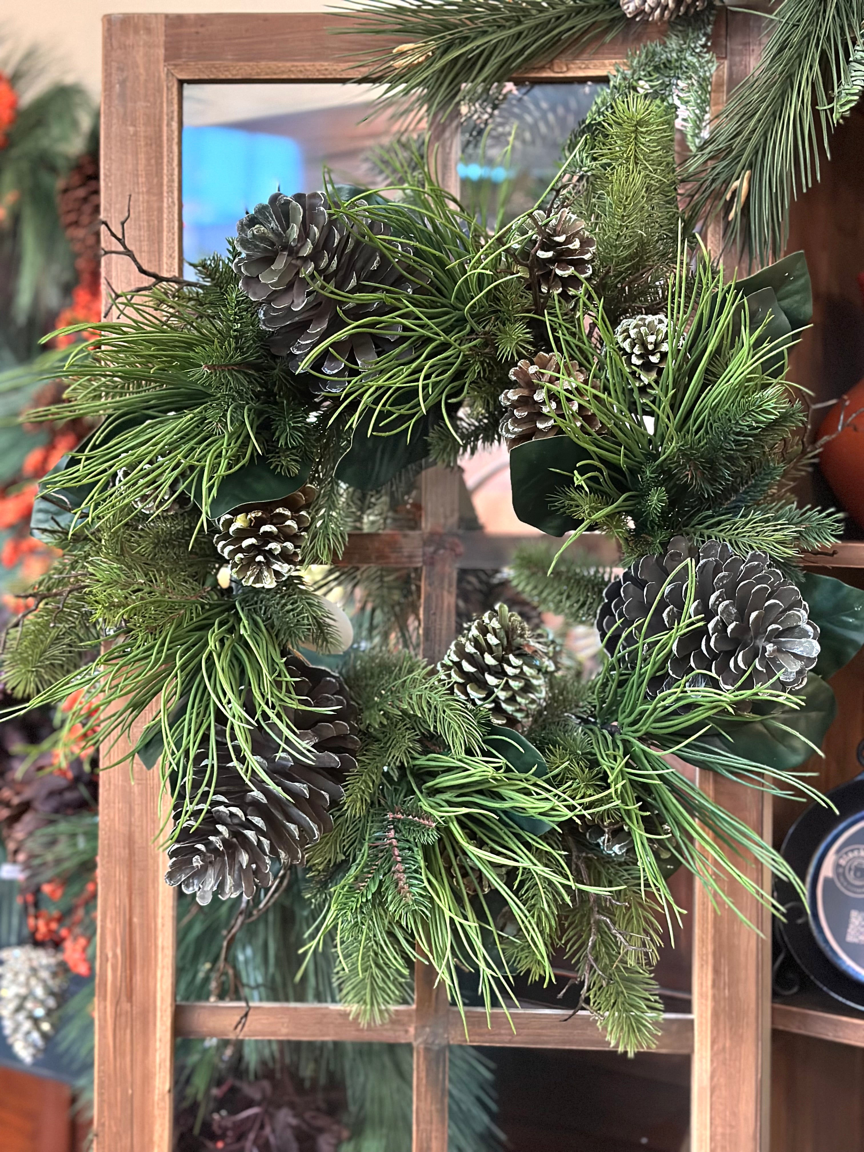 28" UV MIX PINE & MAGNOL LEAF LARGE PINECONE WREATH