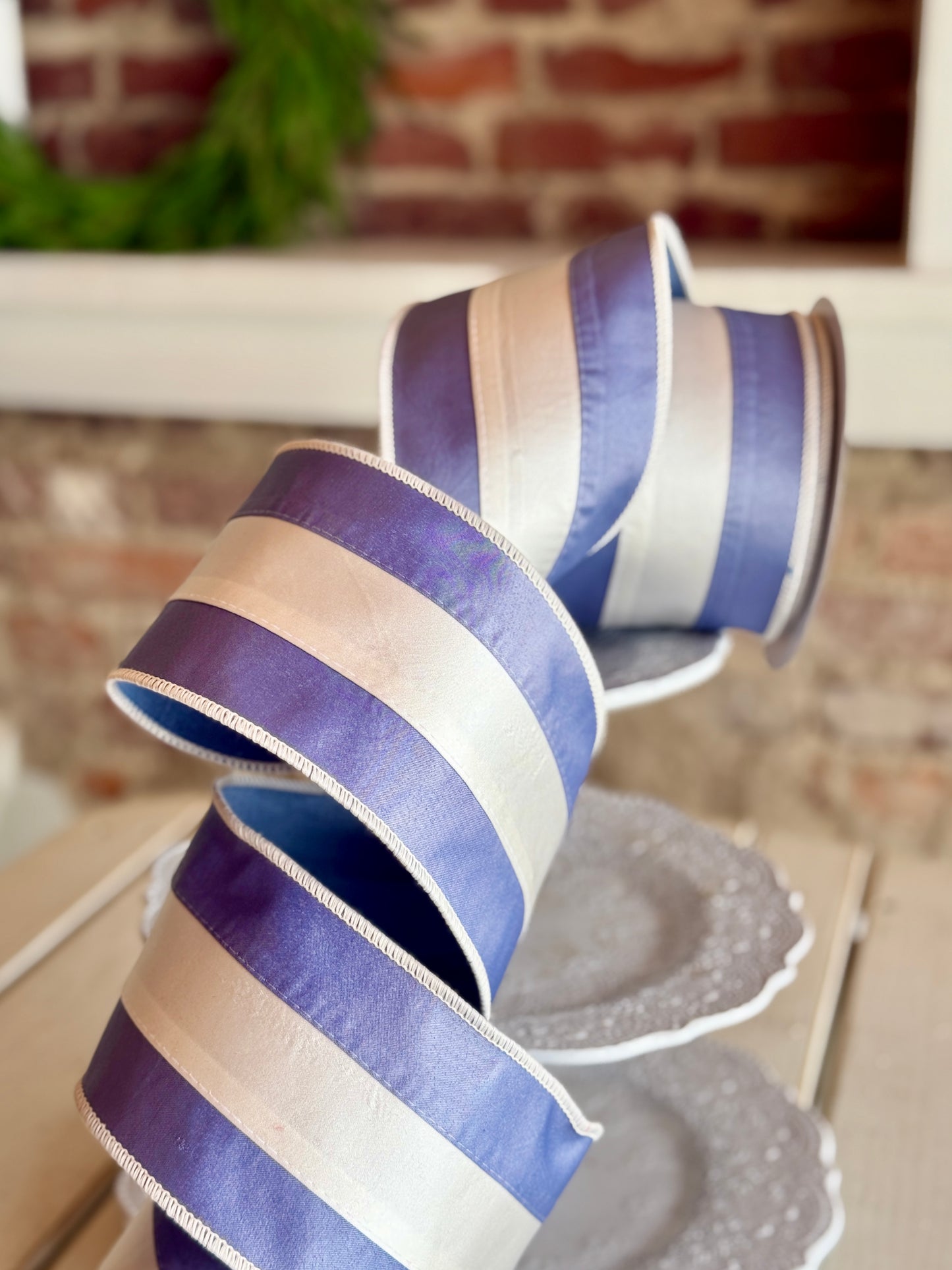 4” JME Double Fused Satin Stripe - Pale Blue/White