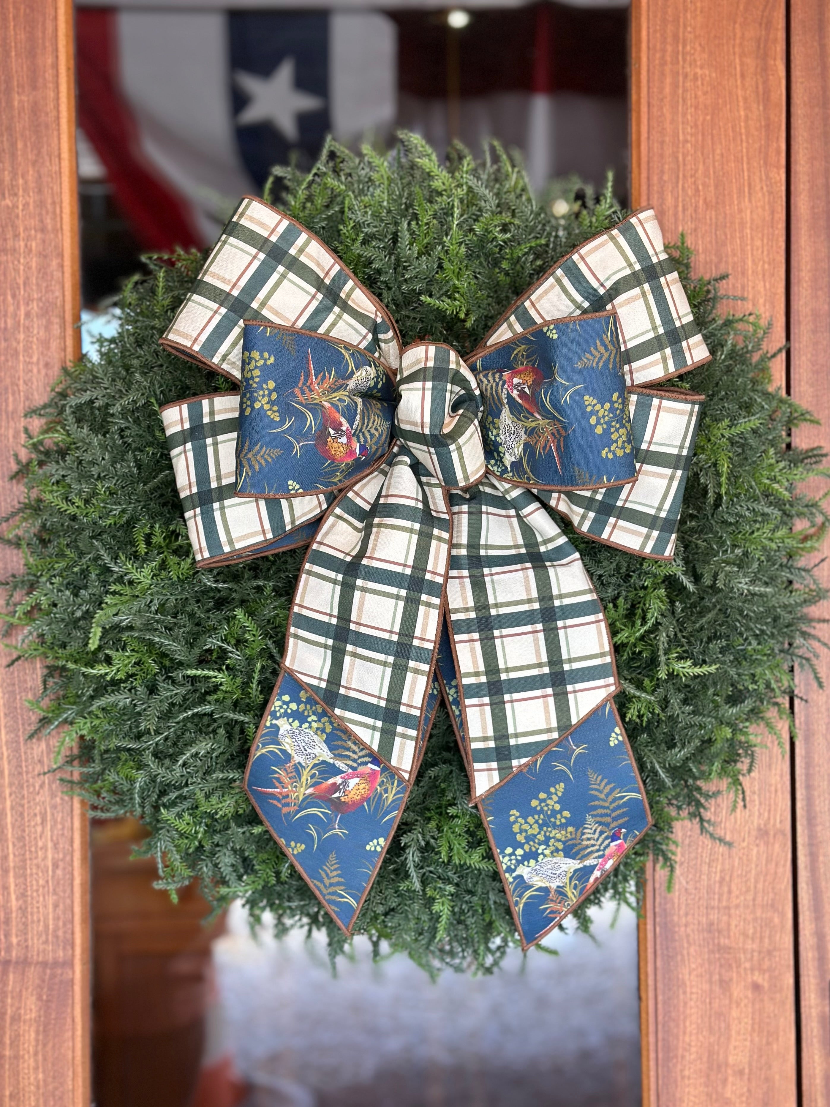 Pheasants and Plaid Bow with Cedar Wreath