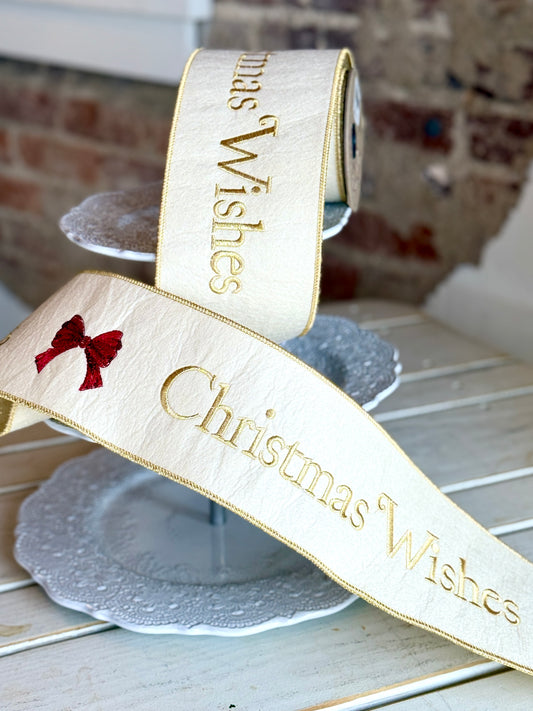 4” Felt Embroidery “Christmas Wishes,” Gold Winter White -SOLD BY THE YARD