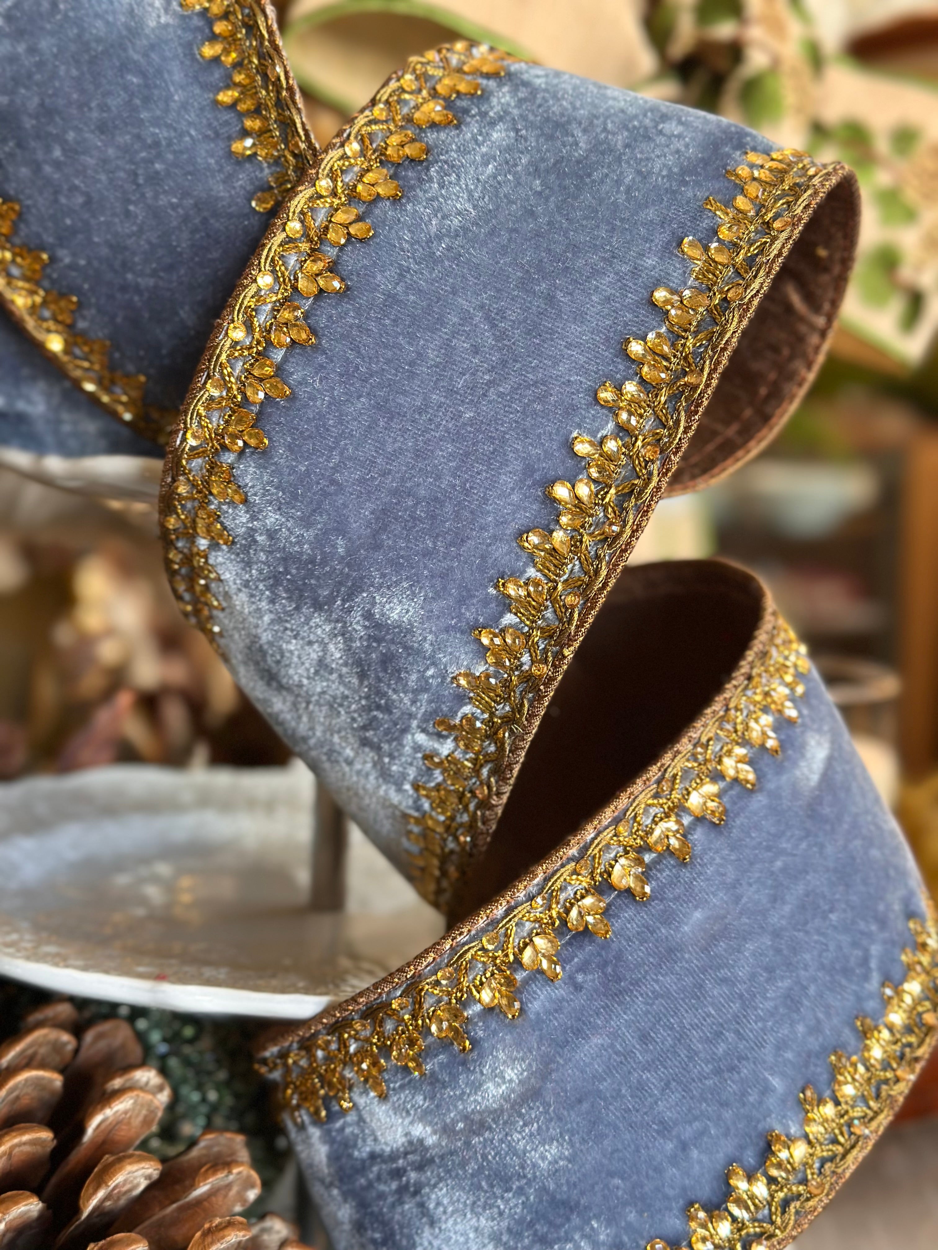 4" Lush Velvet Countessa Scallop Jewel Trim, Dusty Blue