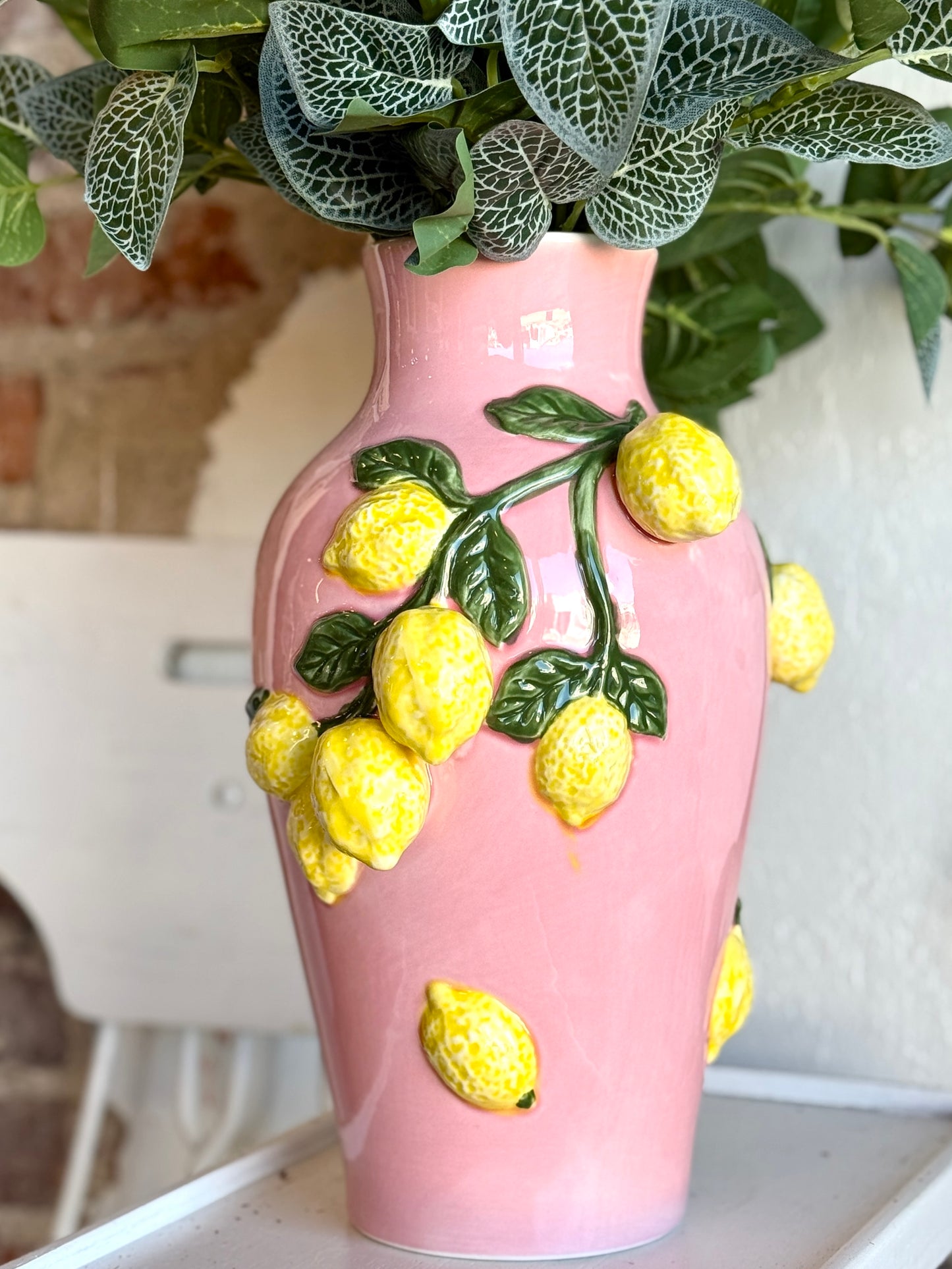 13" Pink Tall Vase with Lemons