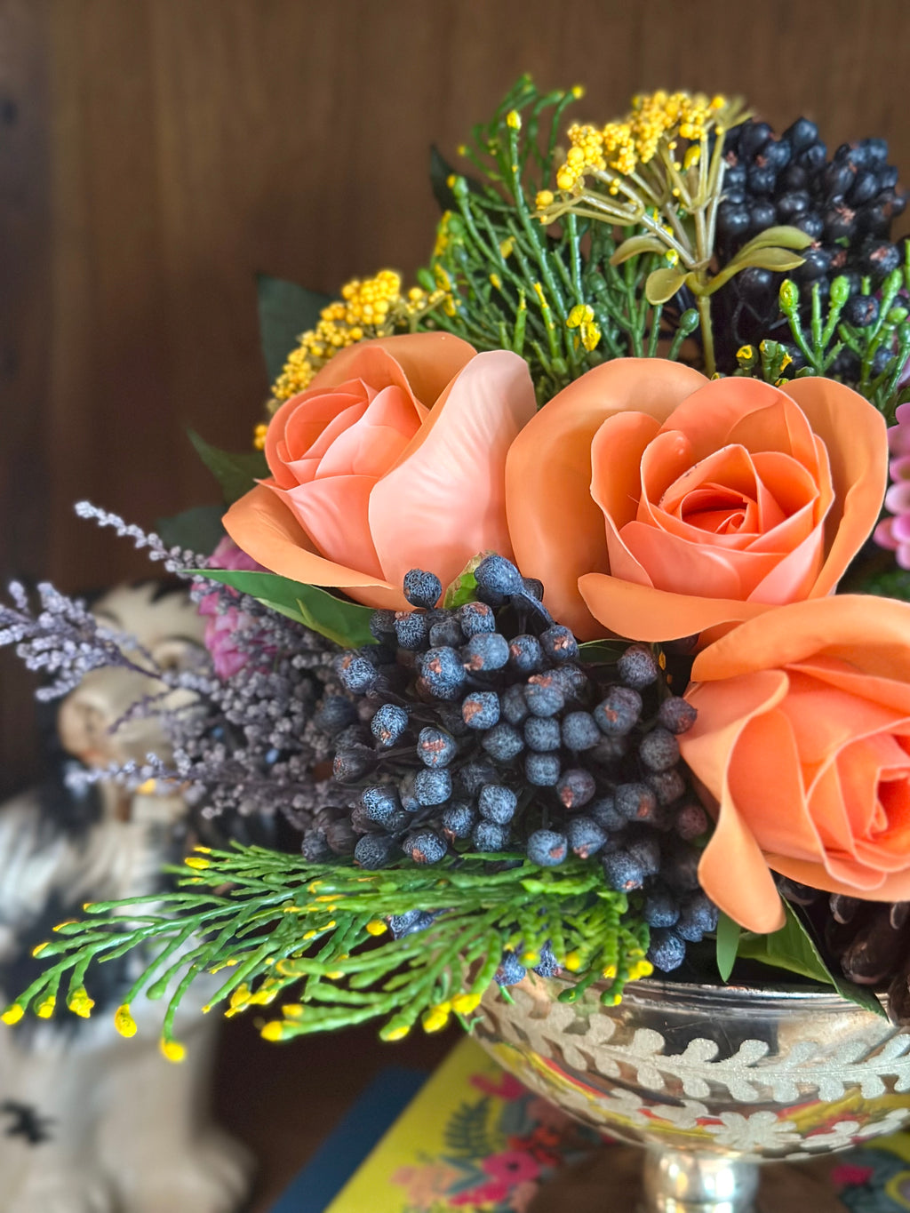 Orange Rose and Pinecone Arrangement