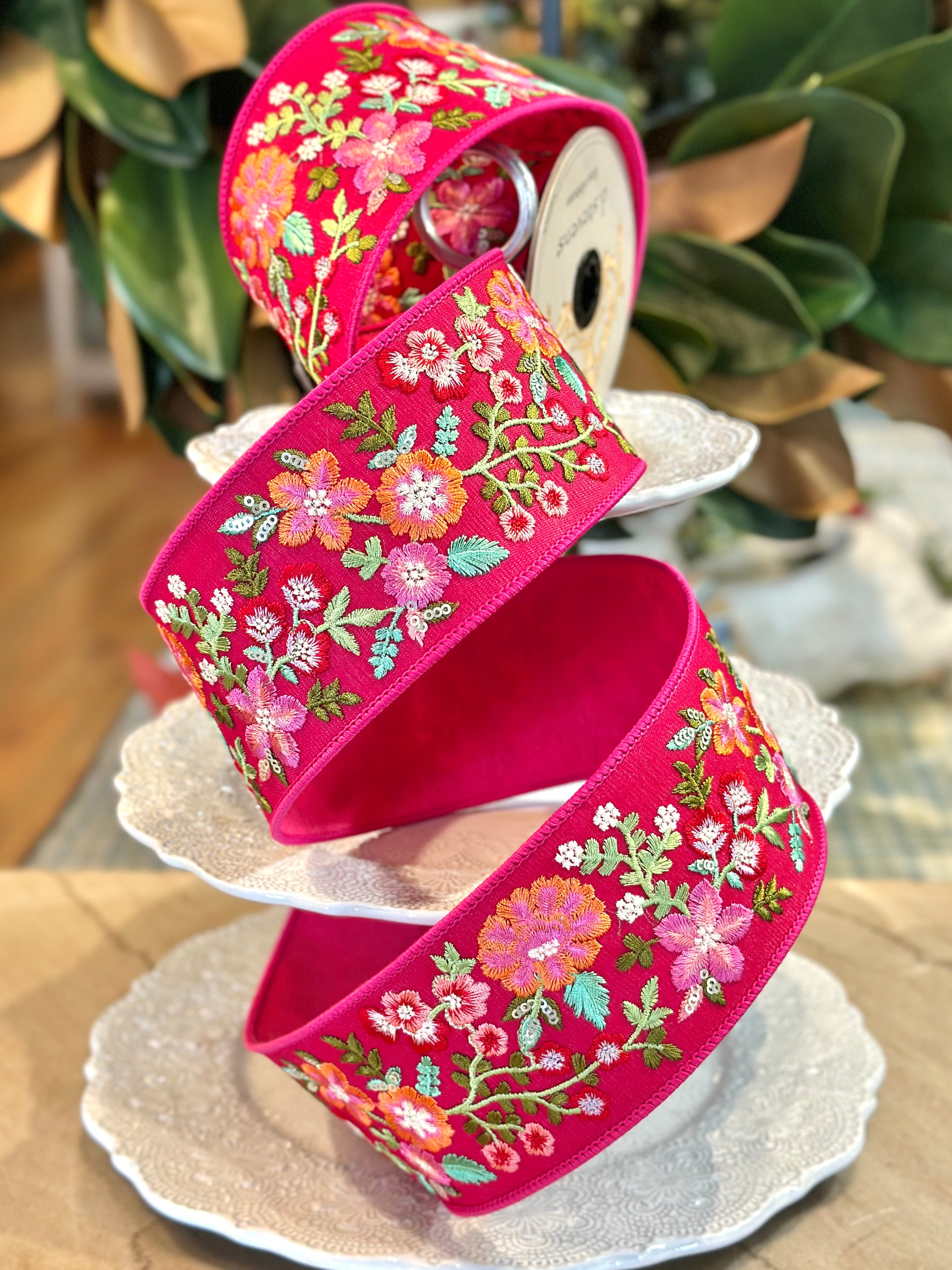 3" Wide, Sheer Embroidery Colorful Floral- Hot Pink Green Orange