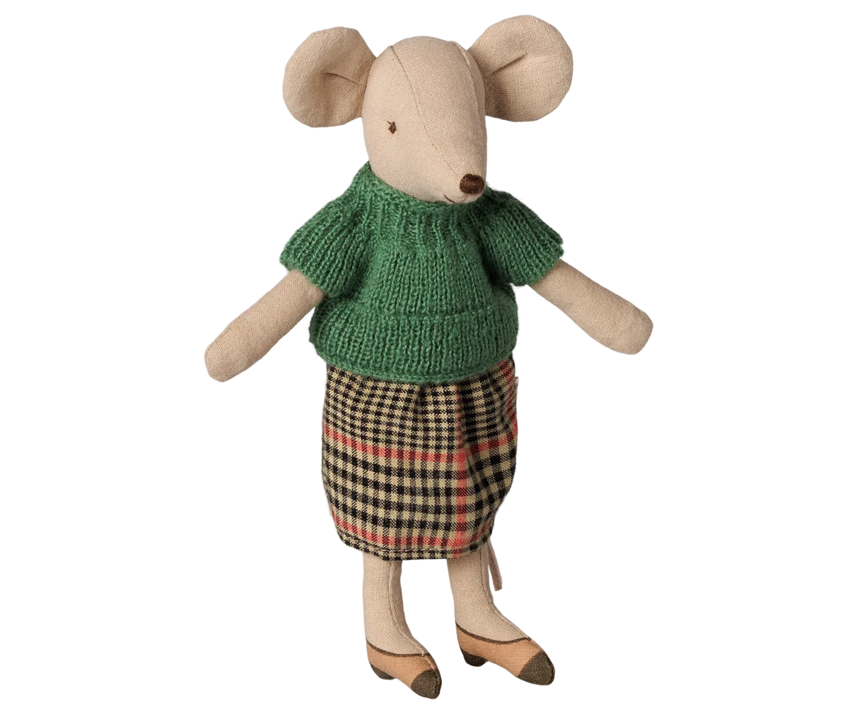 Maileg - Grandma Mouse, Green Sweater w/ Plaid Skirt