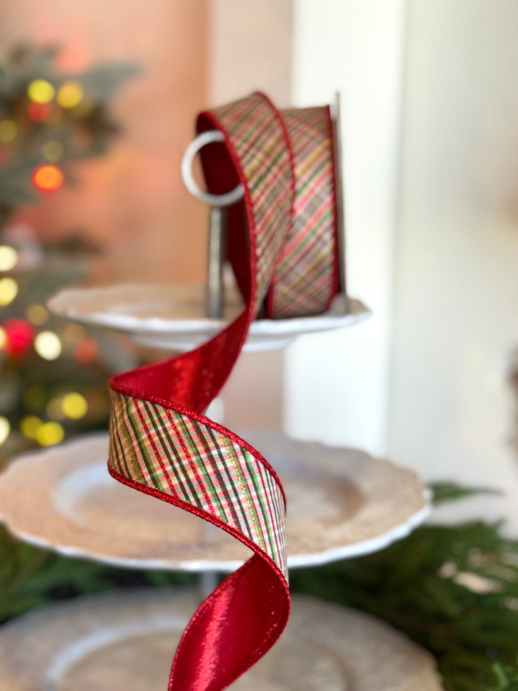 1.5" Dupion Glitter Diagonal Archer Plaid, Red Green White