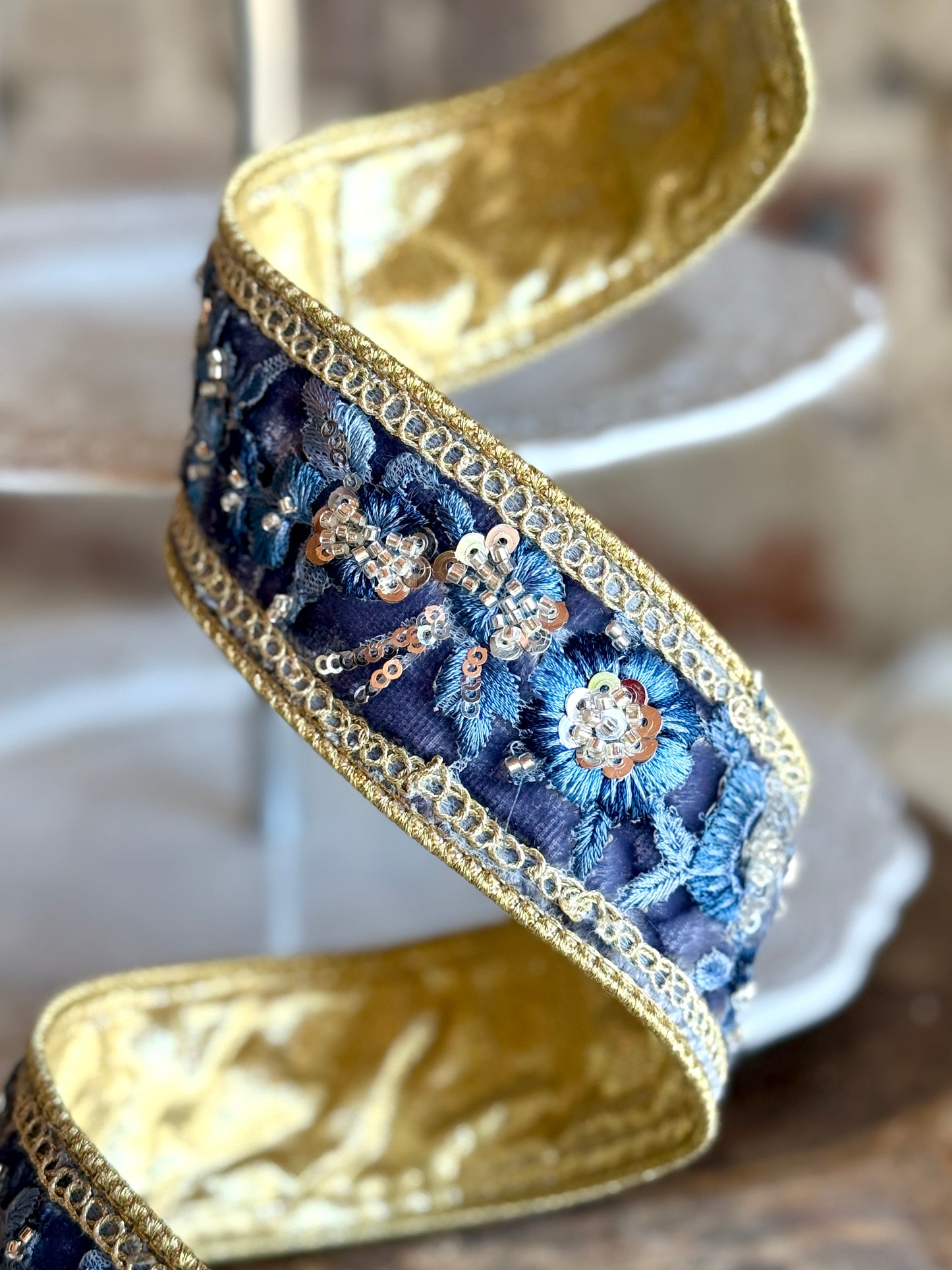 1.75” Steel Blue Garden Glint Ribbon