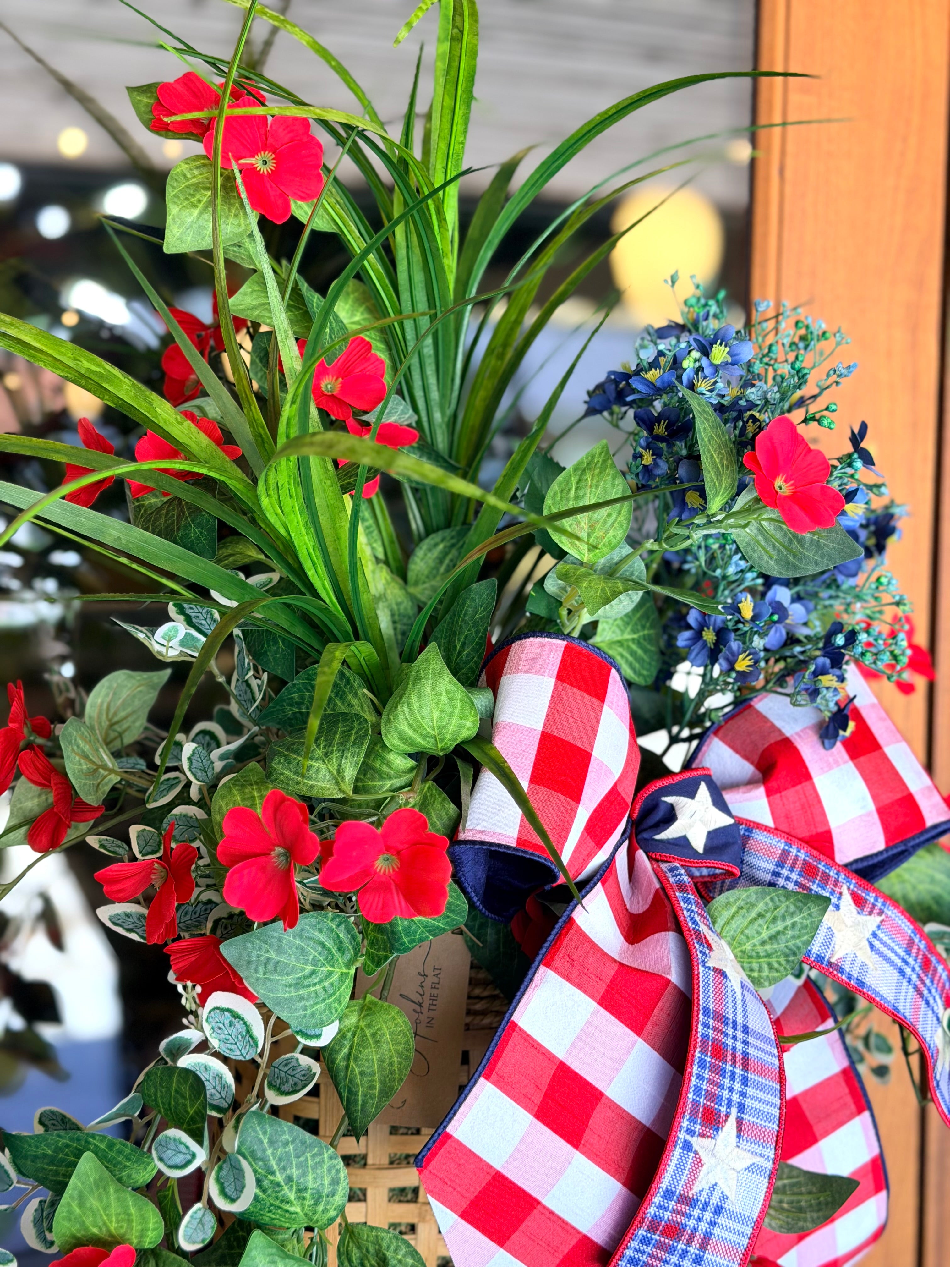 Stars & Red Check Hanging Basket