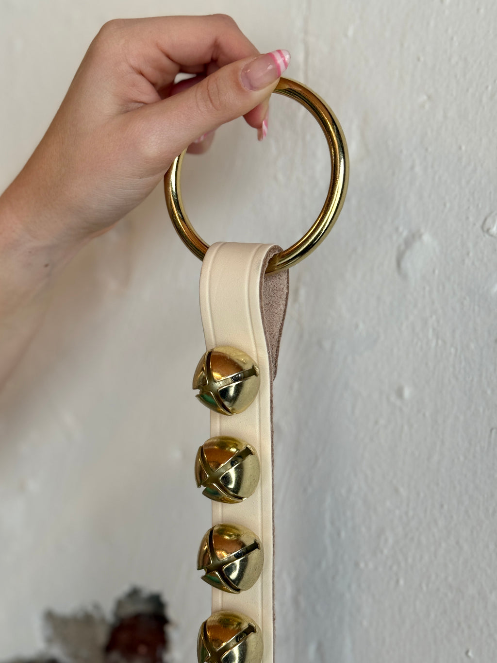 Belsnickel - 24” Narrow Brass-Plated Bells Strap, Ivory Leather