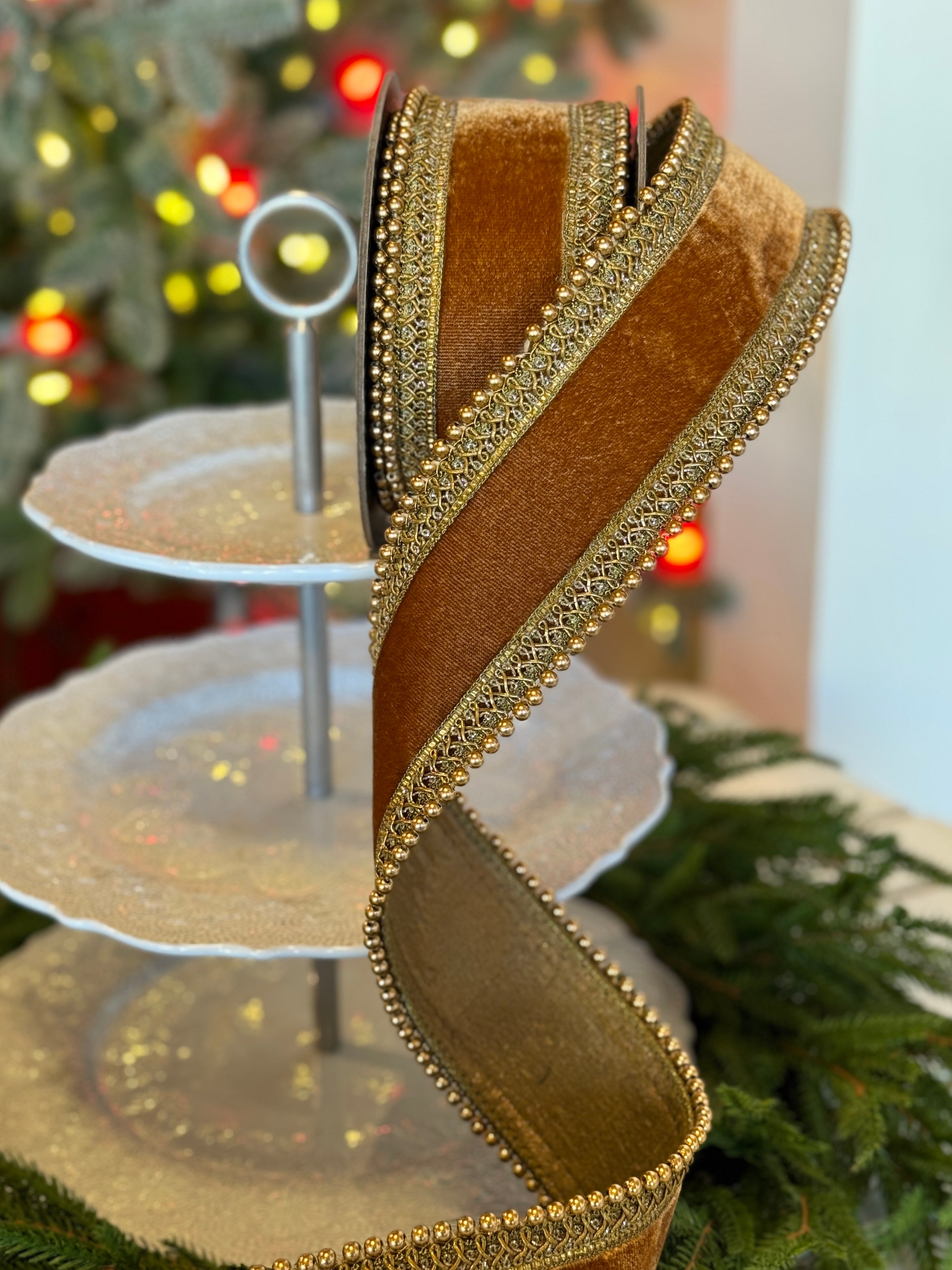 2.5" Velvet Antique Gold Bead Trim, Walnut