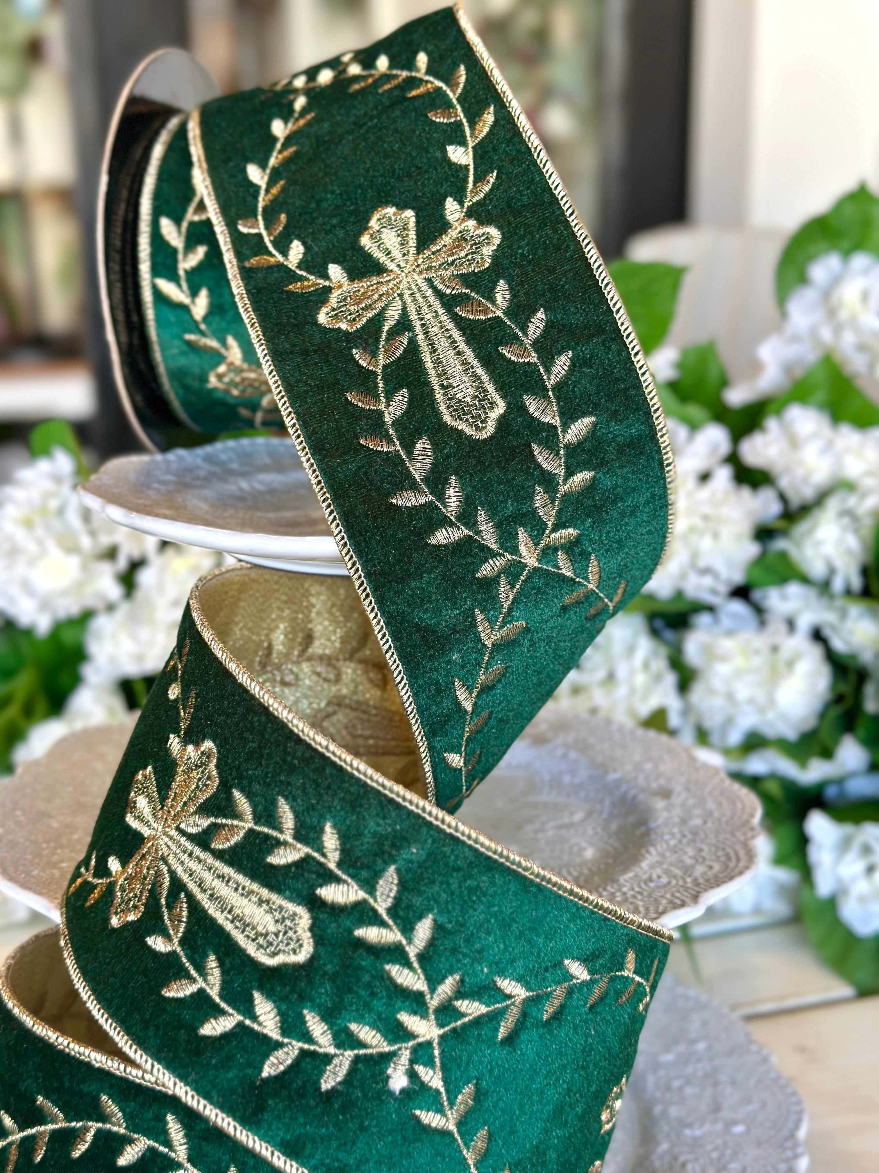 4” Wide, Embroidered Twist Vine Medallion Velvet Ribbon