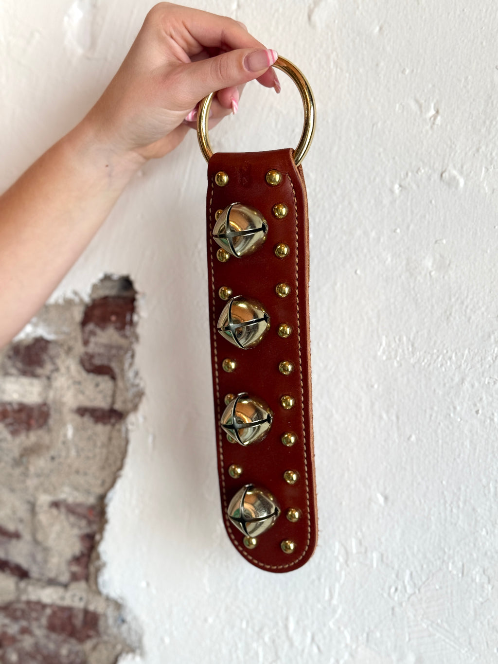 Belsnickel - 12” Studded Doorchime w/ Brass-Plated Bells, Chestnut Leather
