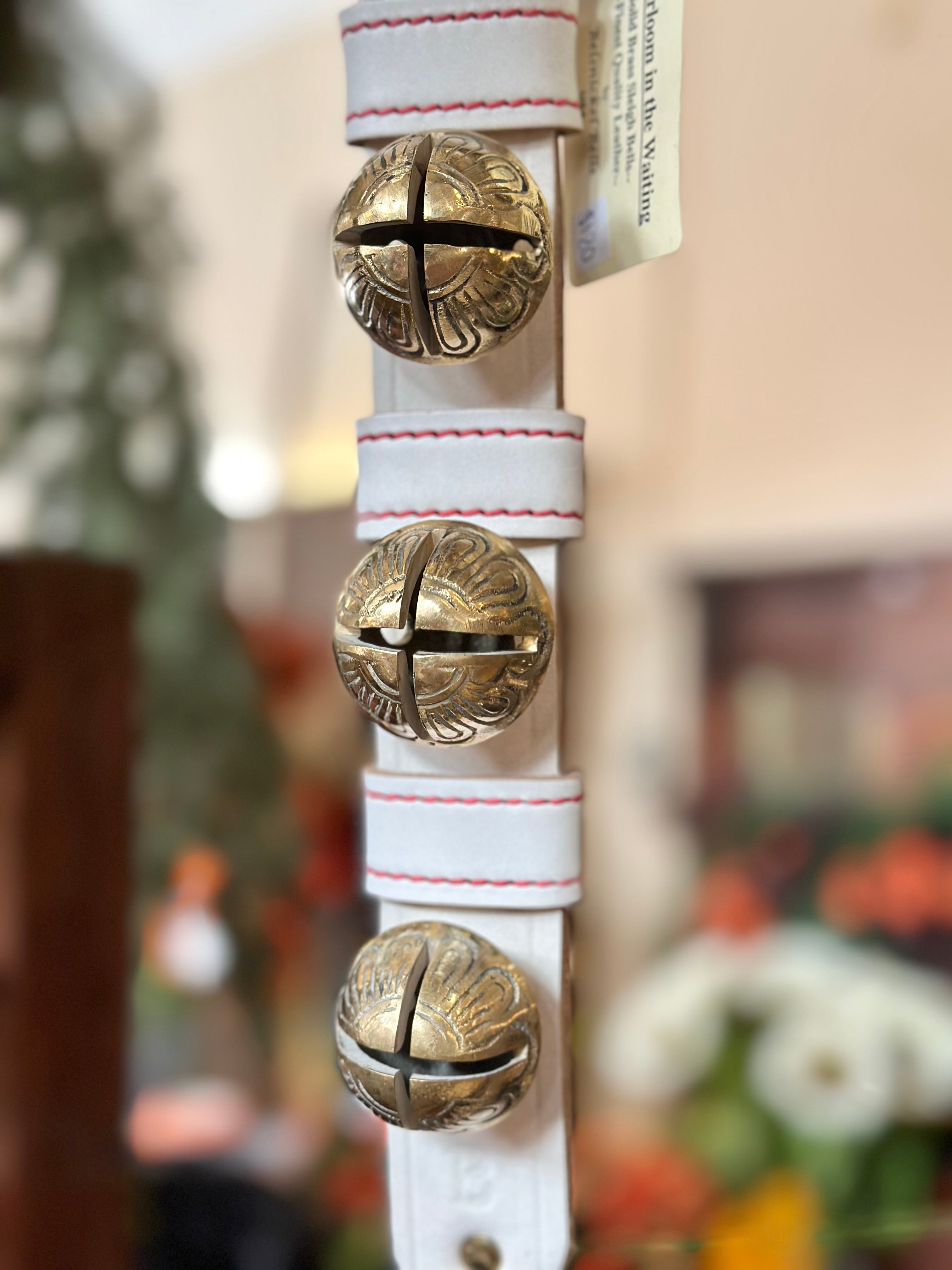 Santa Clause with 3 Brass Bells on Ring- White Leather