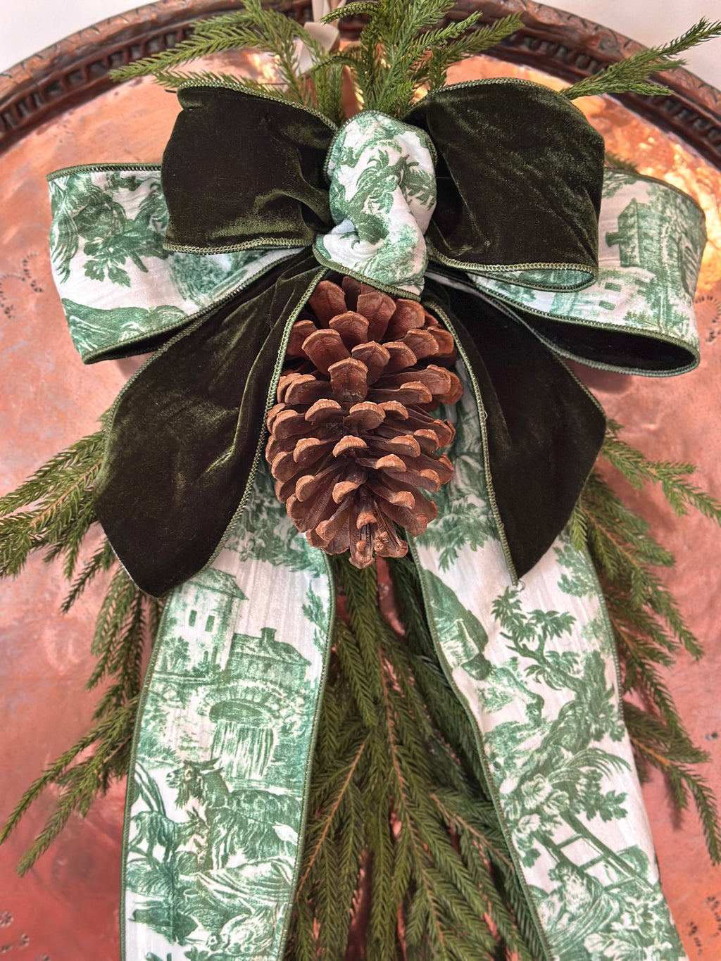 Green & White Velvet Toile Swag