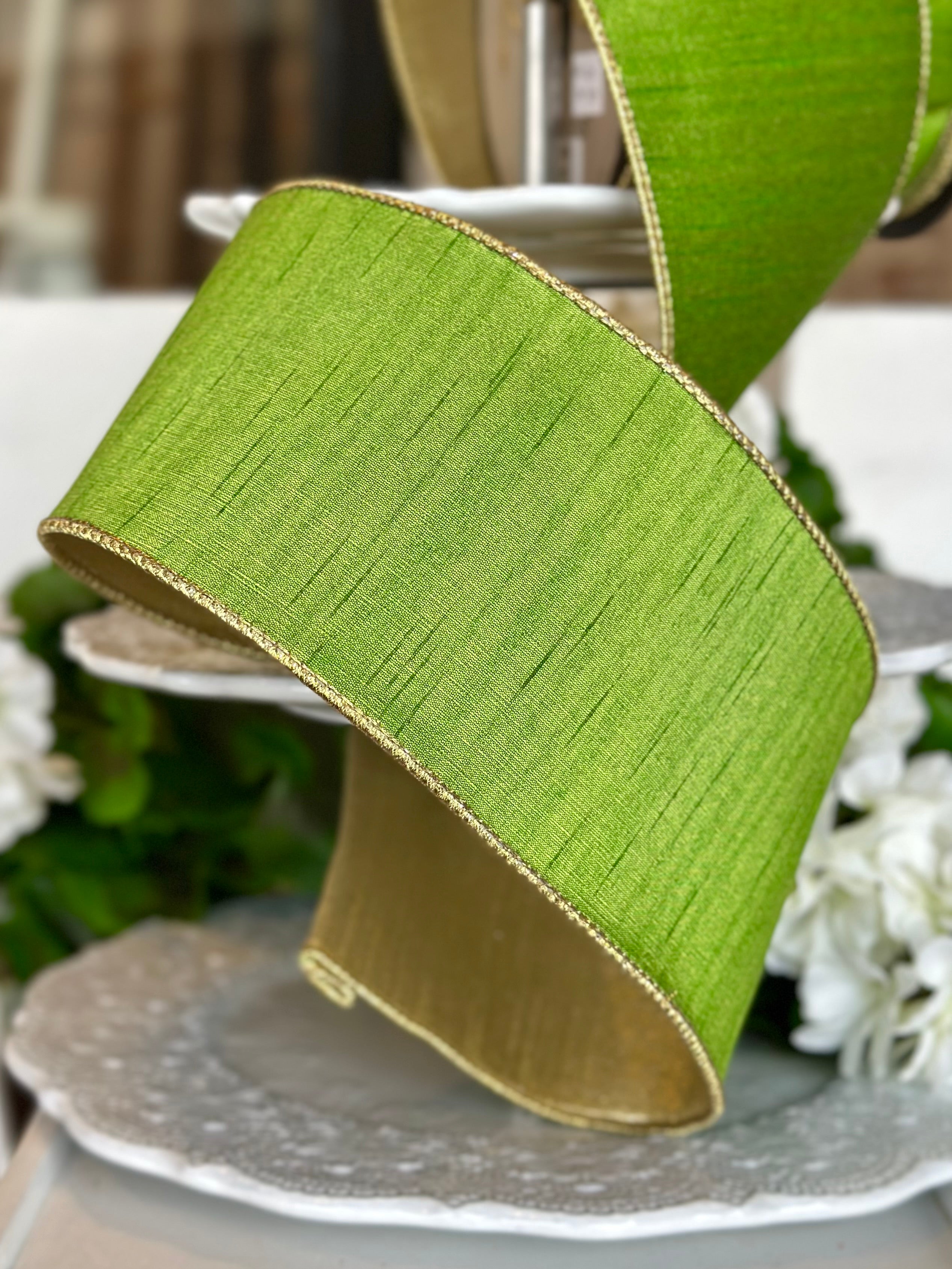 4" wide, slub dupion metallic gold back, grass green