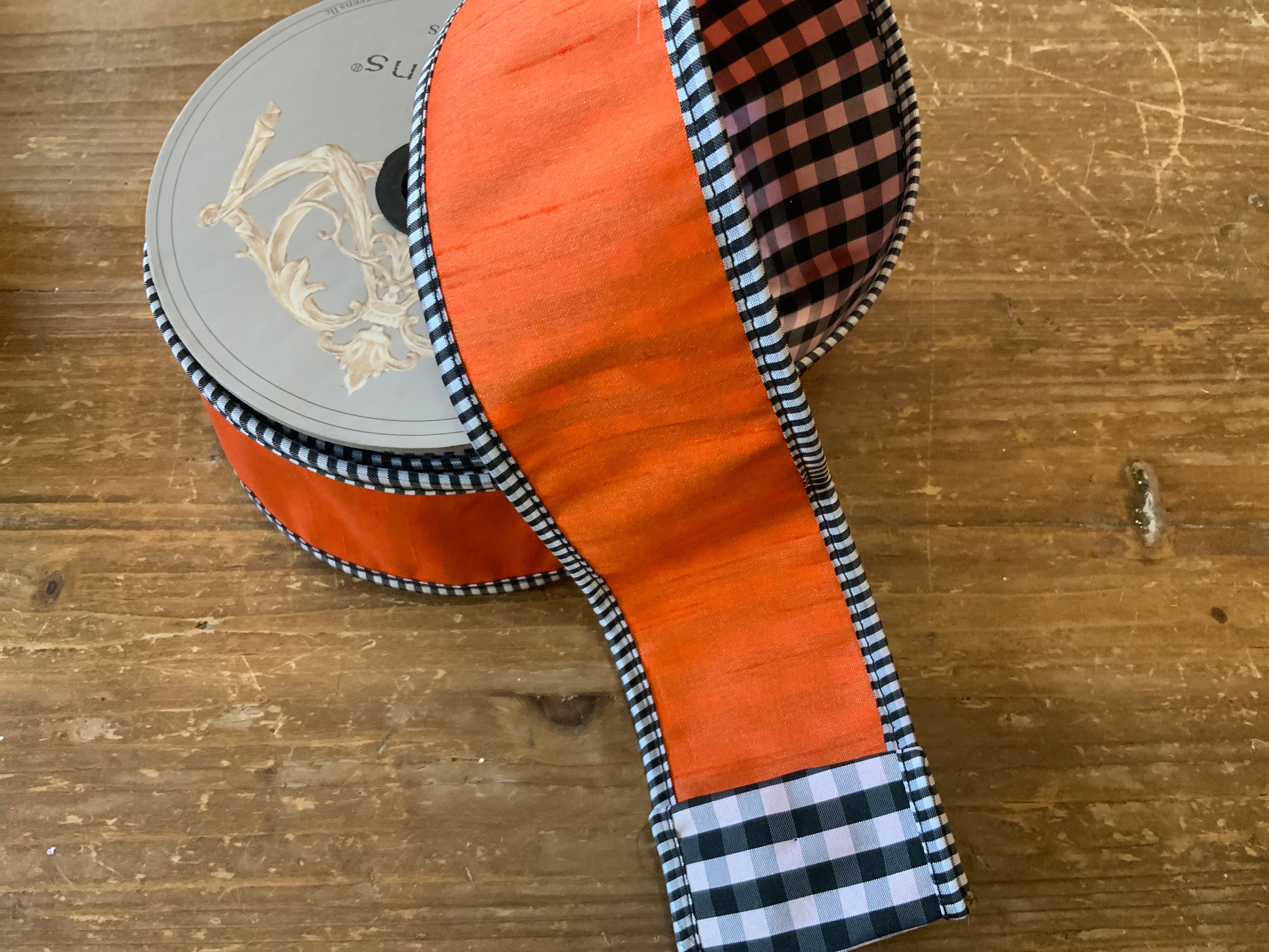 Orange Dupioni Ribbon with Black and White Gingham