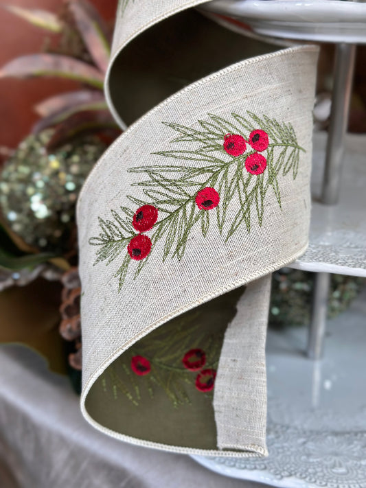 4" Cotton Embroidery Berry Greenery, Cream
