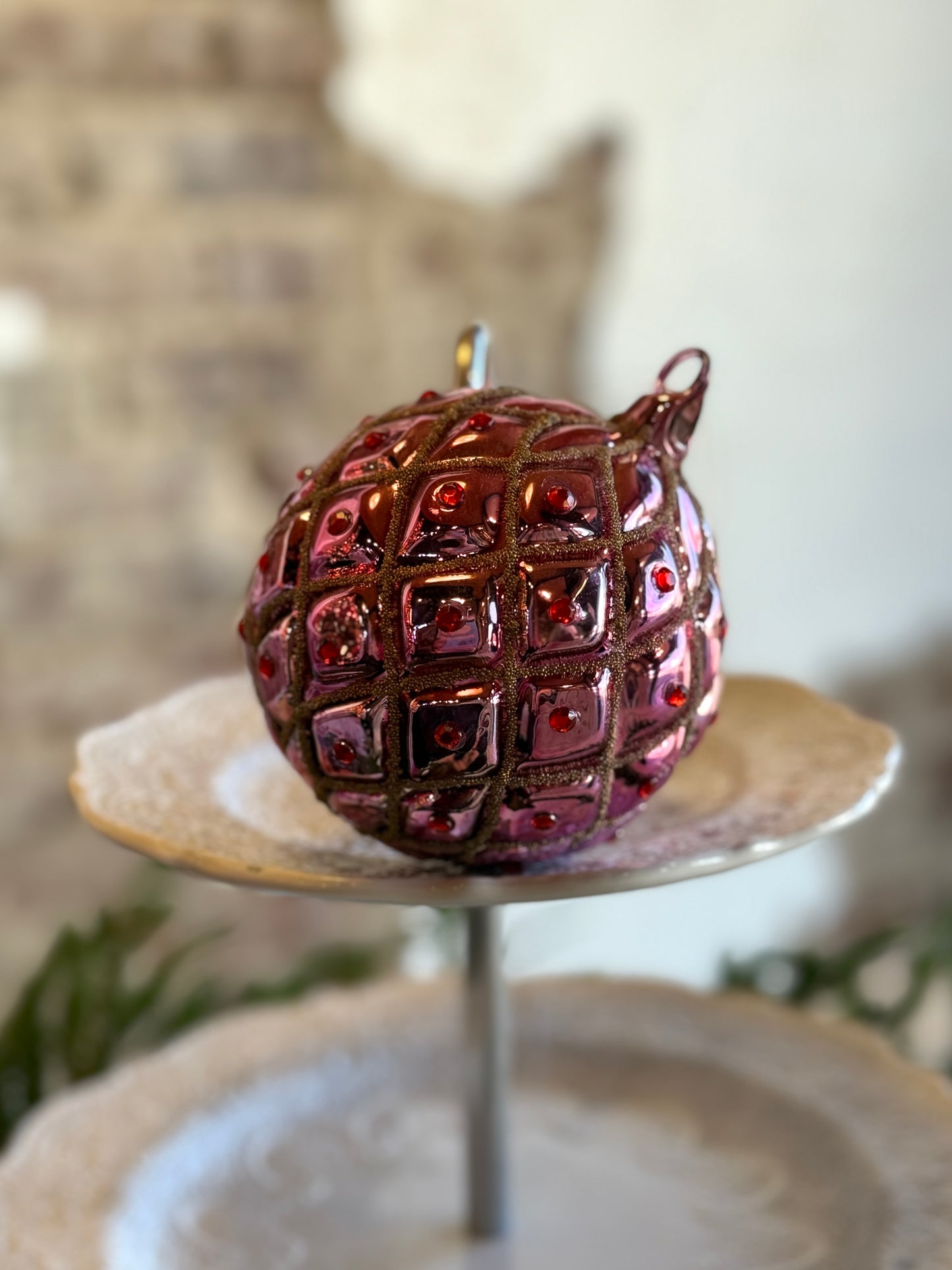 4" Glass Ball Ornament - Light Purple w/Gold Beads & Red Gems